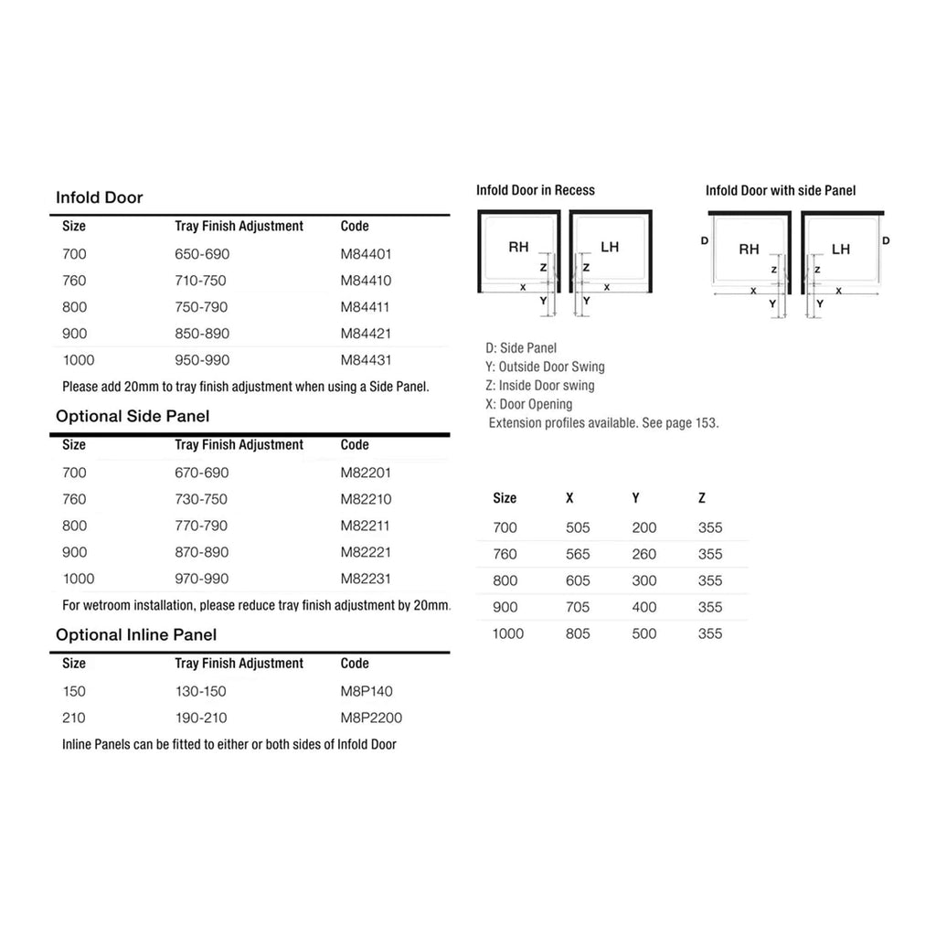 Infold bathroom door with side panels and optional inline panels, suitable for custom bathroom designs. Features include adjustable tray finish and precise measurements for seamless installation.