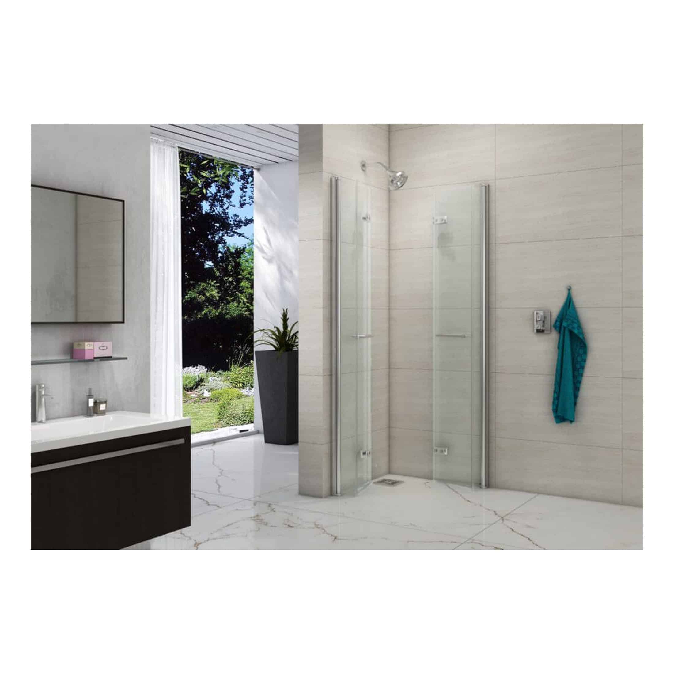 Modern bathroom with walk-in shower, glass enclosure, minimalist vanity, and natural light from large window, perfect for contemporary home bathroom design.