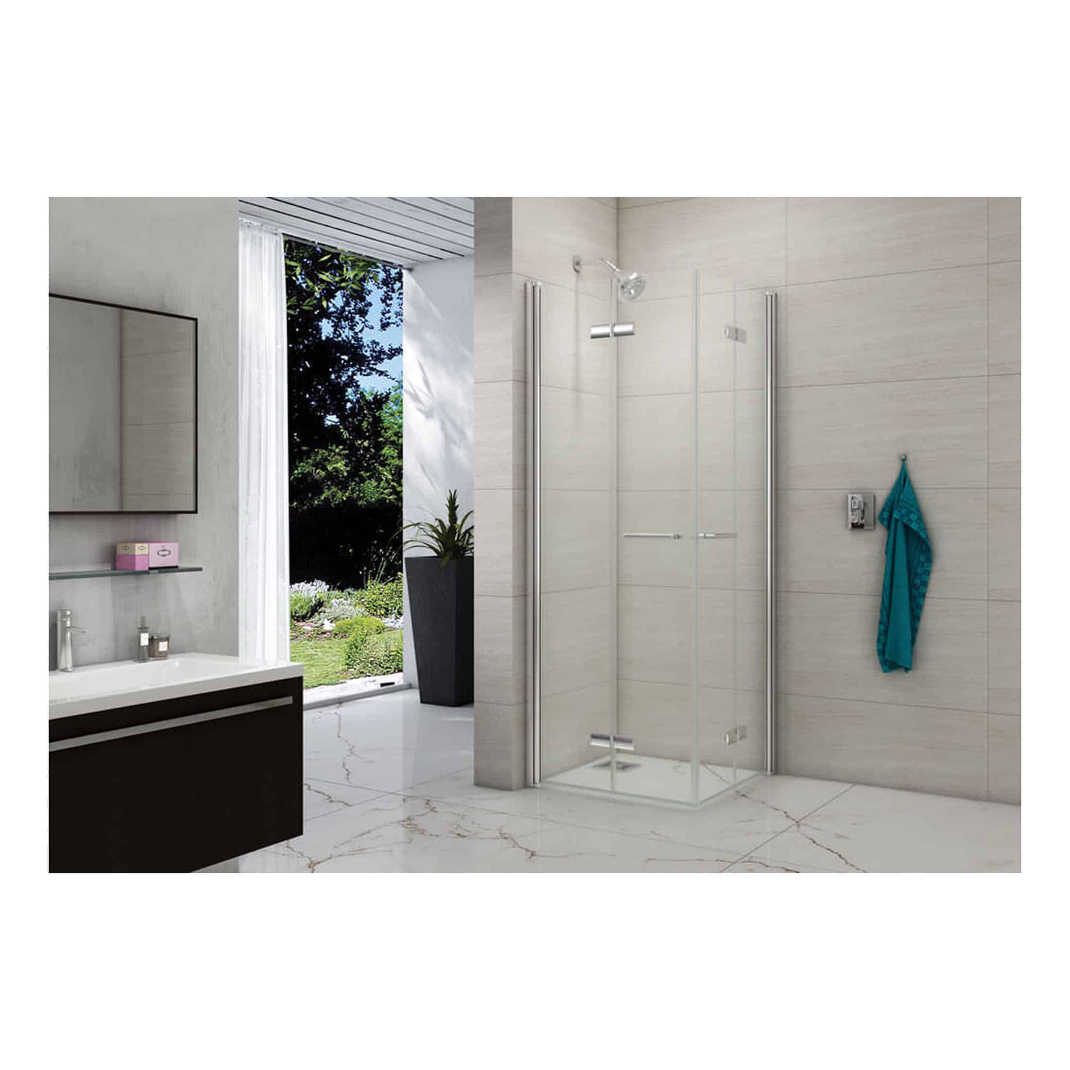 Contemporary bathroom with glass shower enclosure, modern vanity, and elegant marble flooring, featuring natural light and garden view, ideal for luxurious bathroom design.