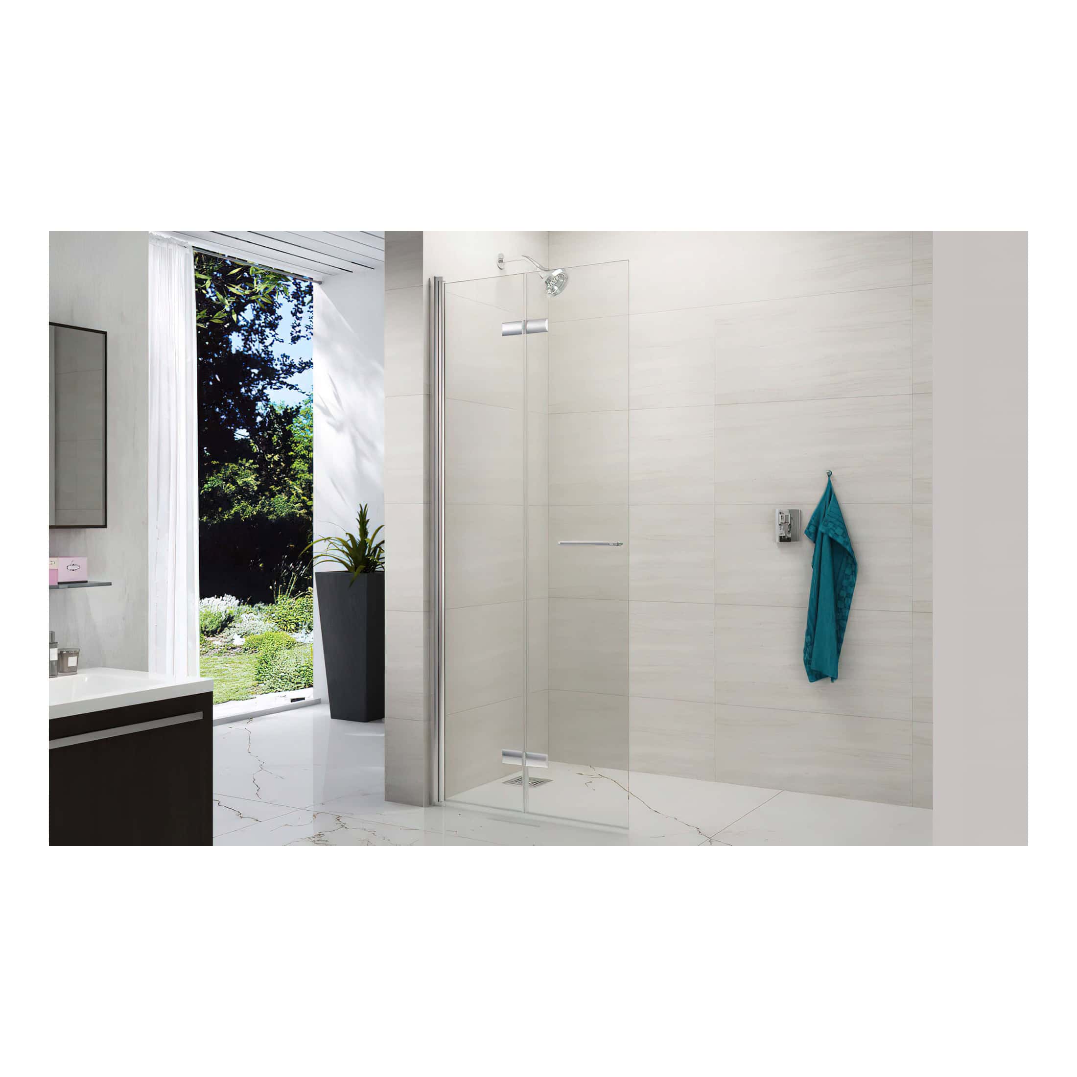 Modern minimalist bathroom with walk-in glass shower, white tiled walls, and natural light from large window overlooking lush garden, perfect for contemporary bathroom design.