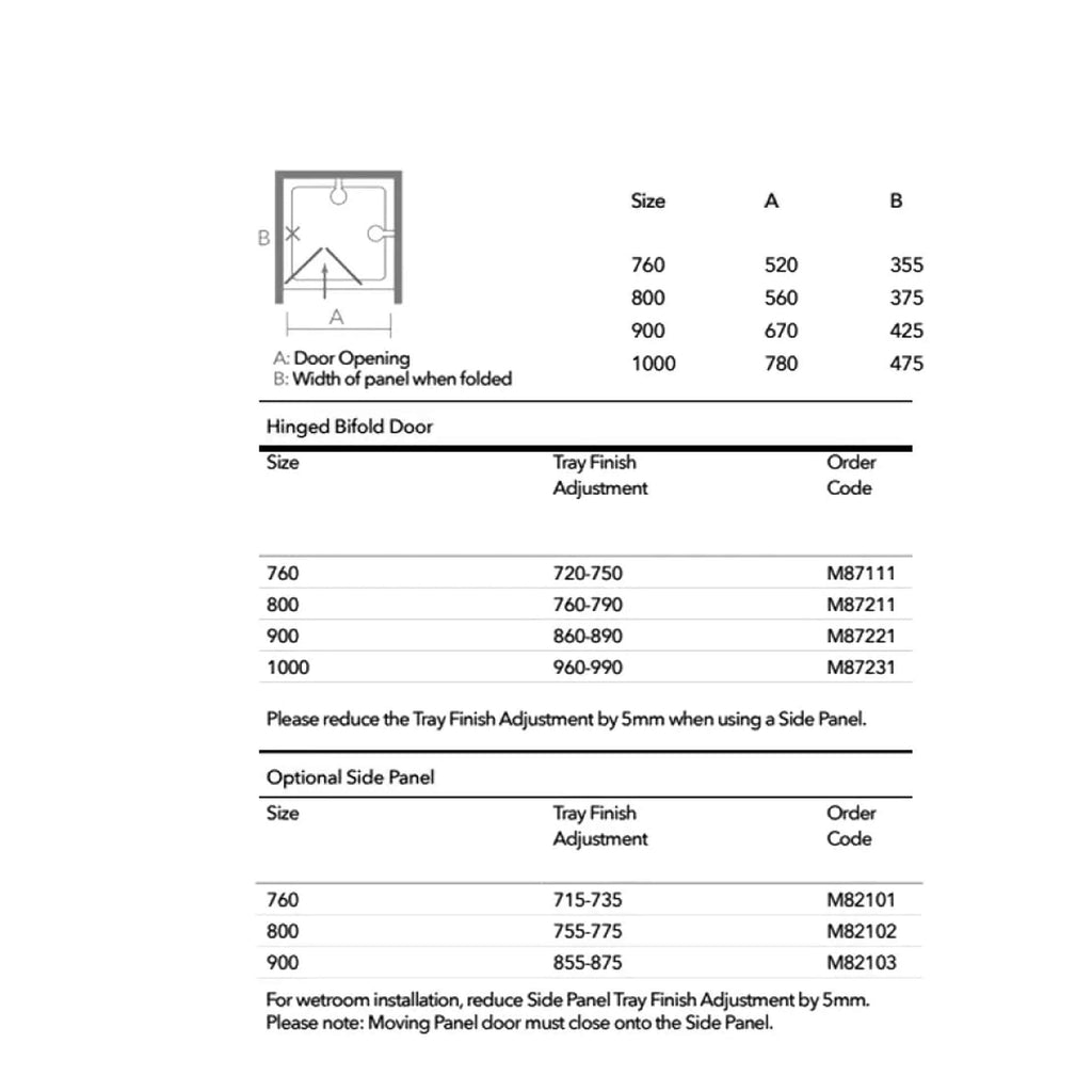 Door opening measurements and dimensions for hinged bifold bathroom doors, including sizes, tray finish adjustment, optional side panels, and installation guidelines for wetroom and bathroom bathroom cabinetry, bathroom door fittings, and custom bathroom panels.