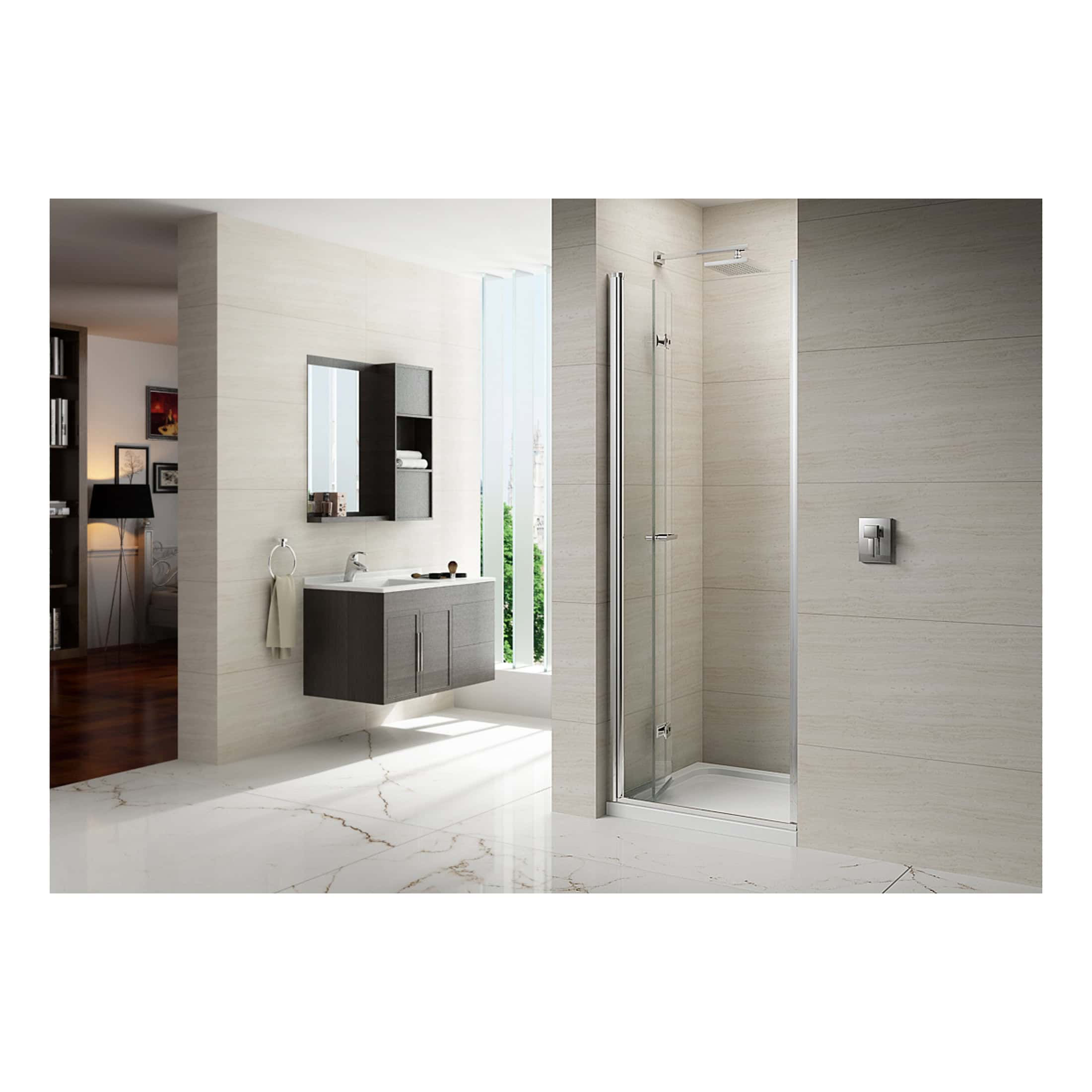 Sleek modern bathroom with walk-in shower, floating vanity unit, wall-mounted mirror cabinet, and contemporary design elements, perfect for stylish bathroom renovation or upgrade.