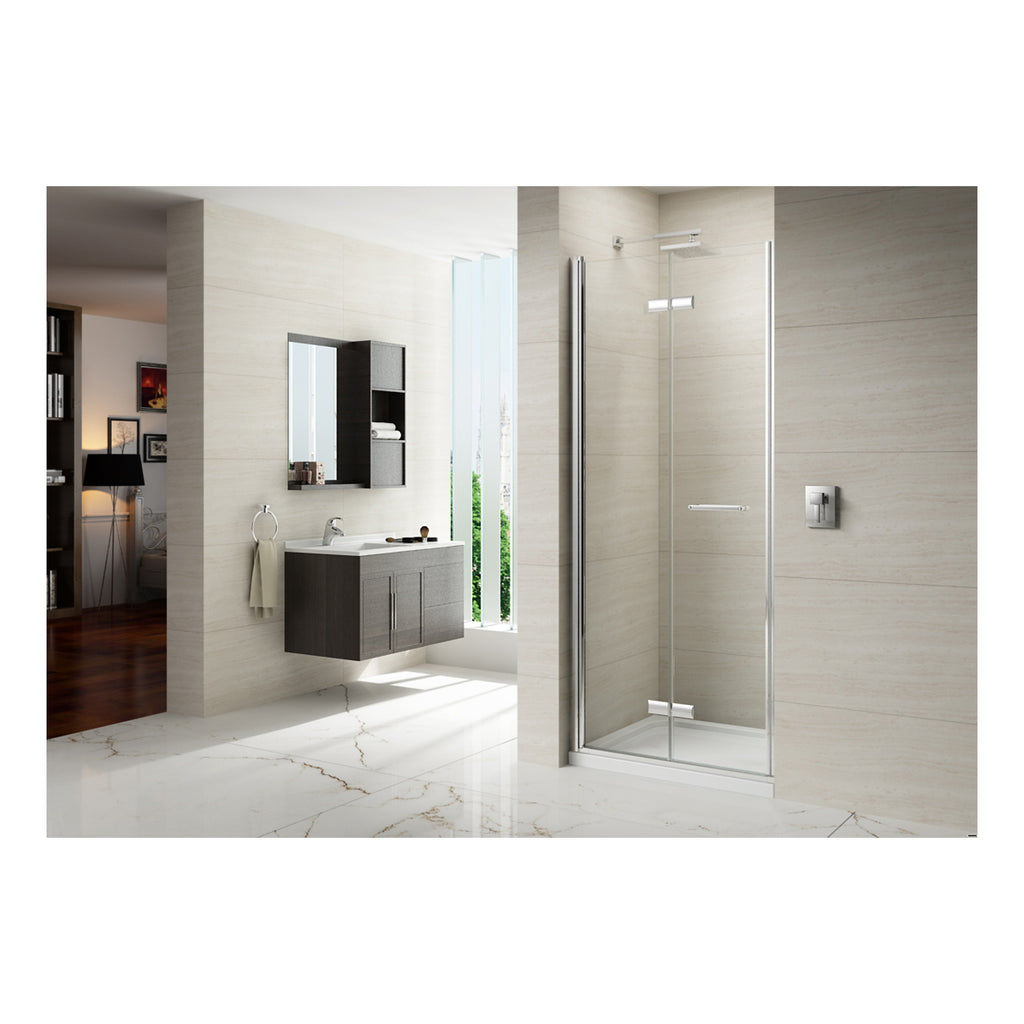 Modern bathroom featuring a sleek glass shower enclosure, contemporary wall-mounted vanity, and minimalist decor with light neutral tones and natural light.