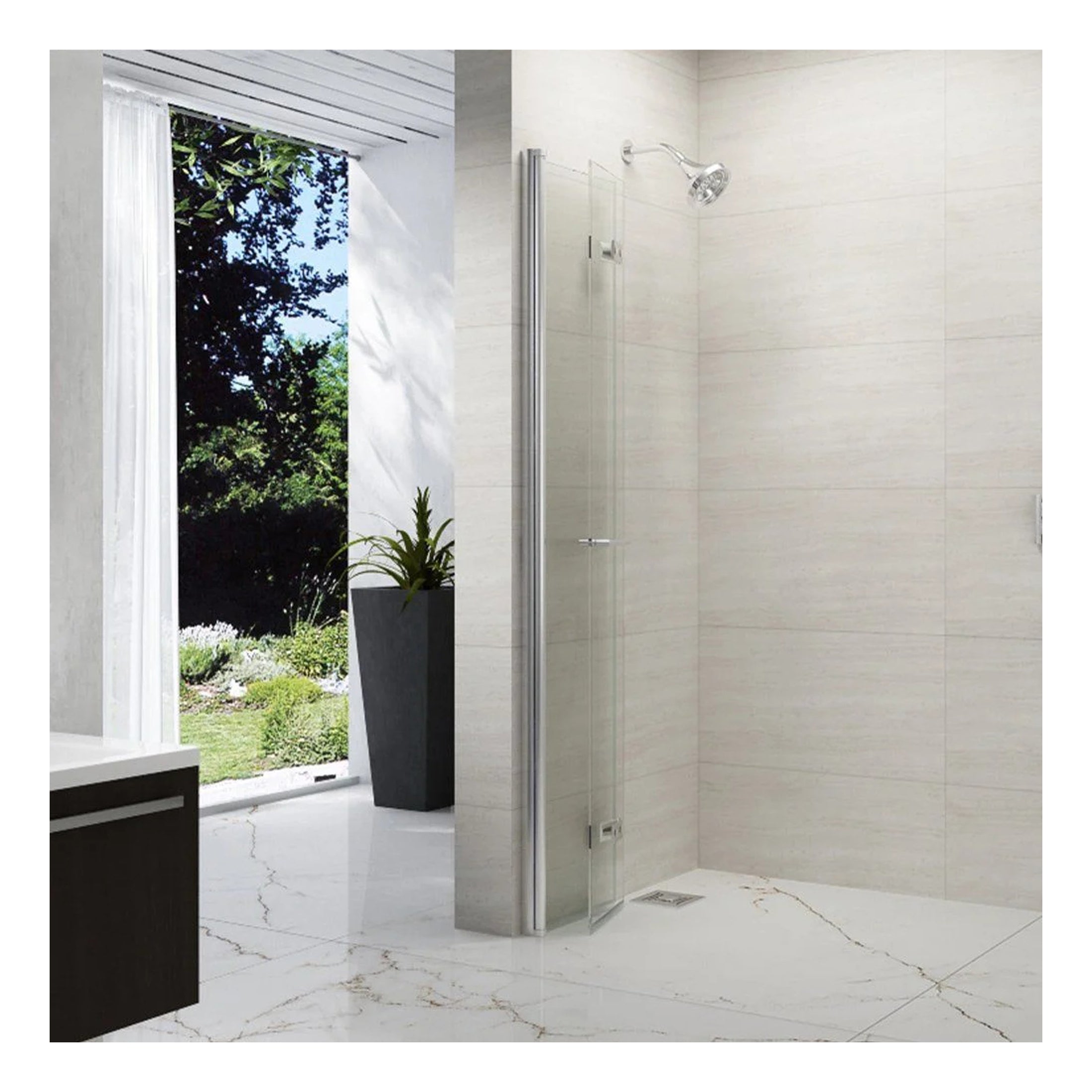 Modern glass shower enclosure in a contemporary bathroom with a scenic garden view, sleek design, and neutral tones. Perfect for luxury bathroom renovations and stylish wet room installations.