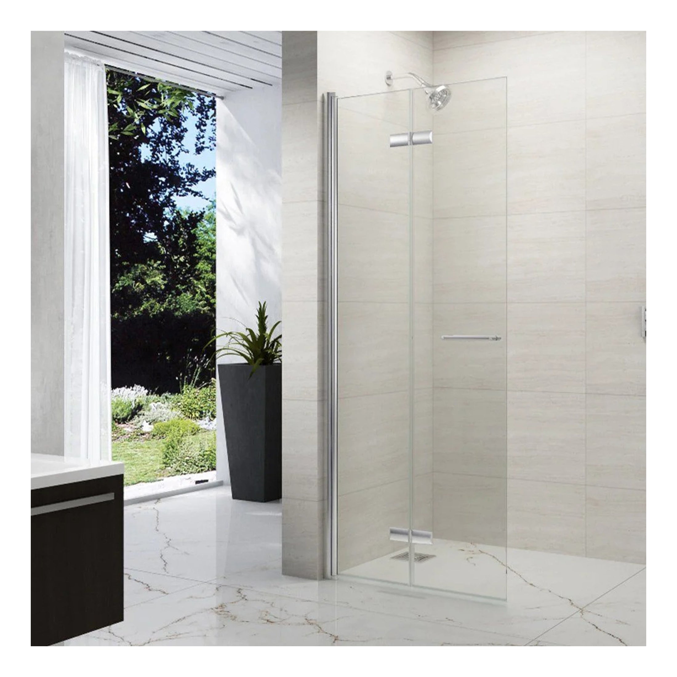 Modern glass shower enclosure in a sleek bathroom with neutral tiles and a large window with a garden view. Perfect for contemporary Bubly Bathrooms designs.