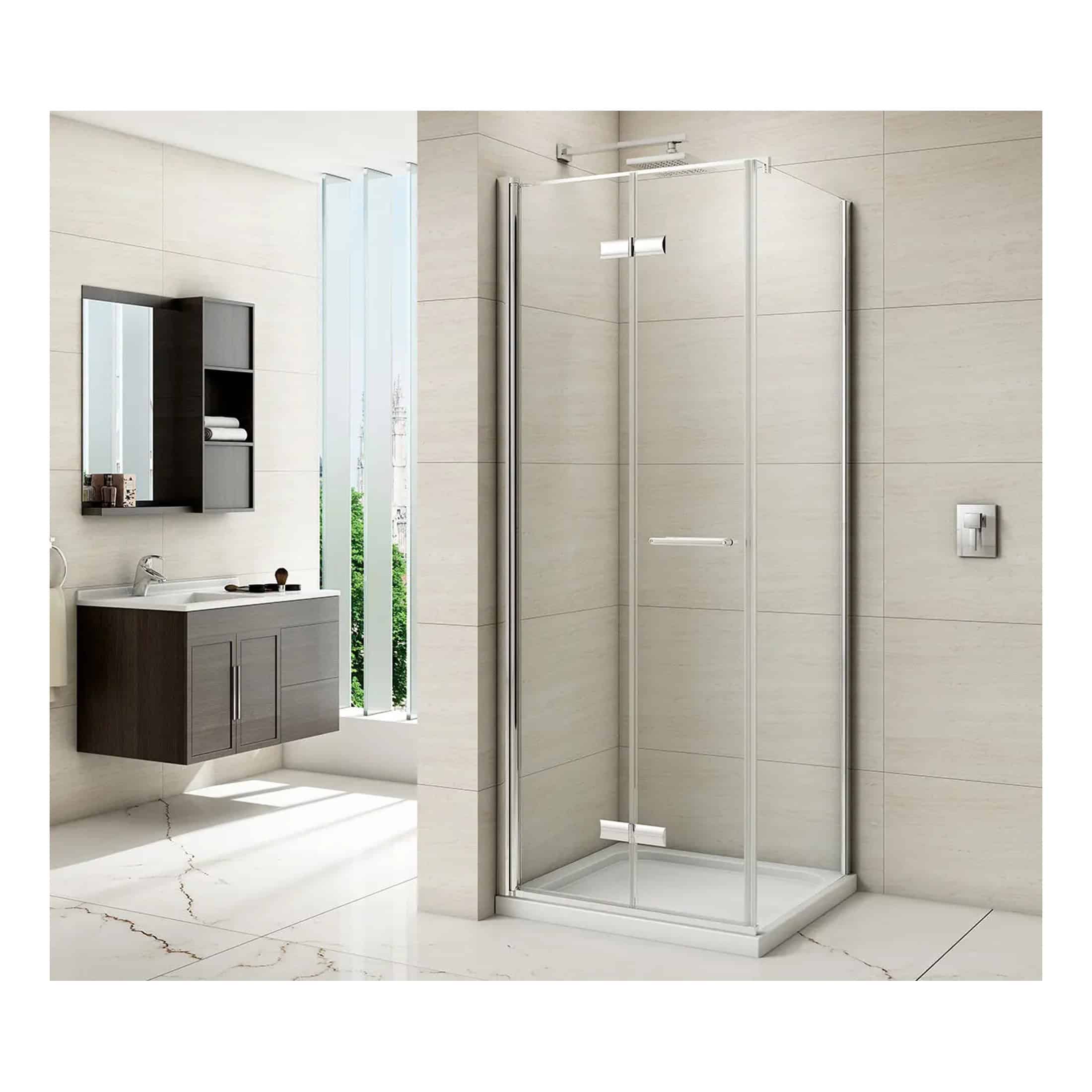 A modern walk-in shower with clear glass panels and sleek chrome hardware in a contemporary bathroom. Features a rainfall shower head and minimalist design, perfect for elegant bathroom upgrades.