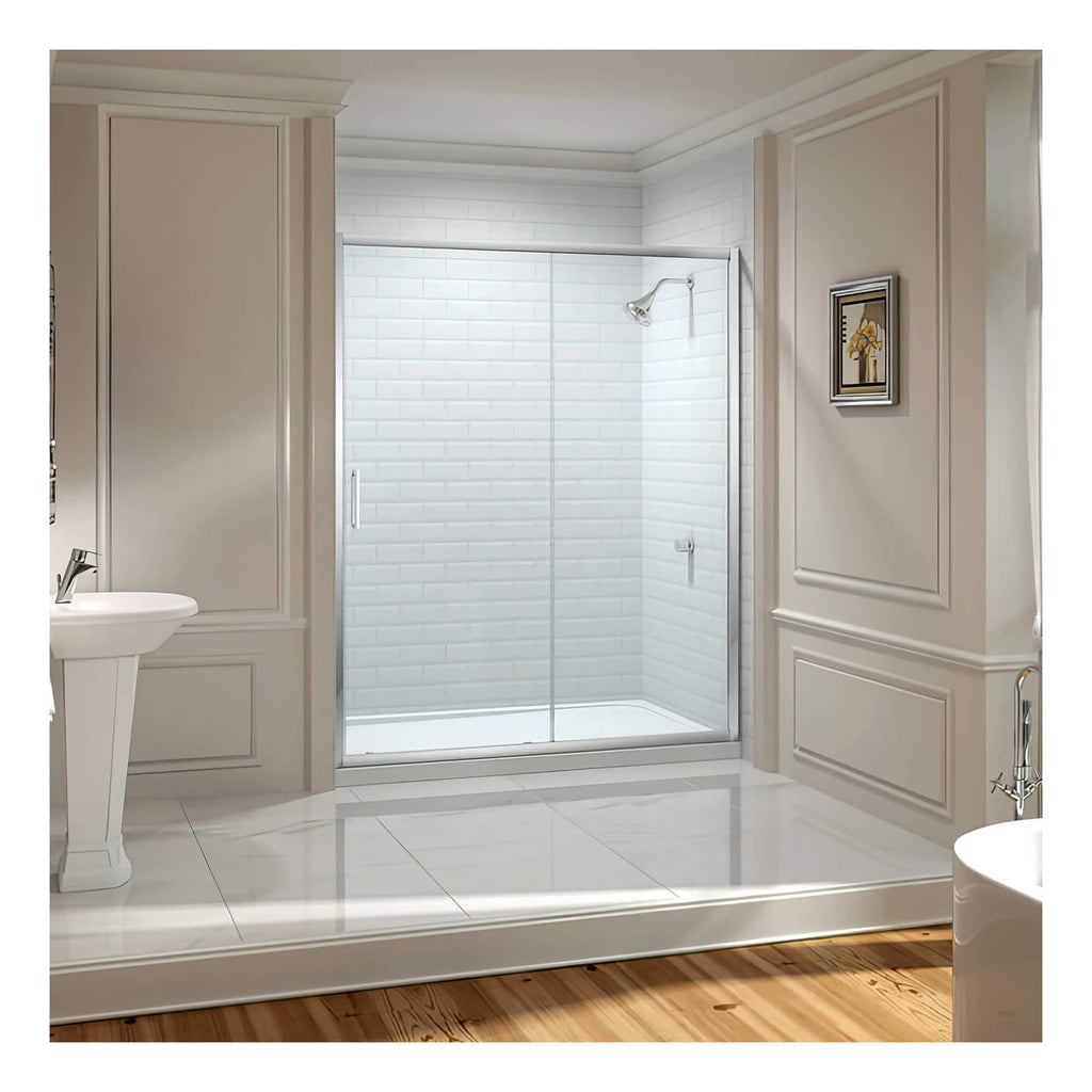 Shower enclosure with sliding glass doors in a modern bathroom with white tiled walls and wooden flooring. Designed for a clean, minimalist look and easy access.