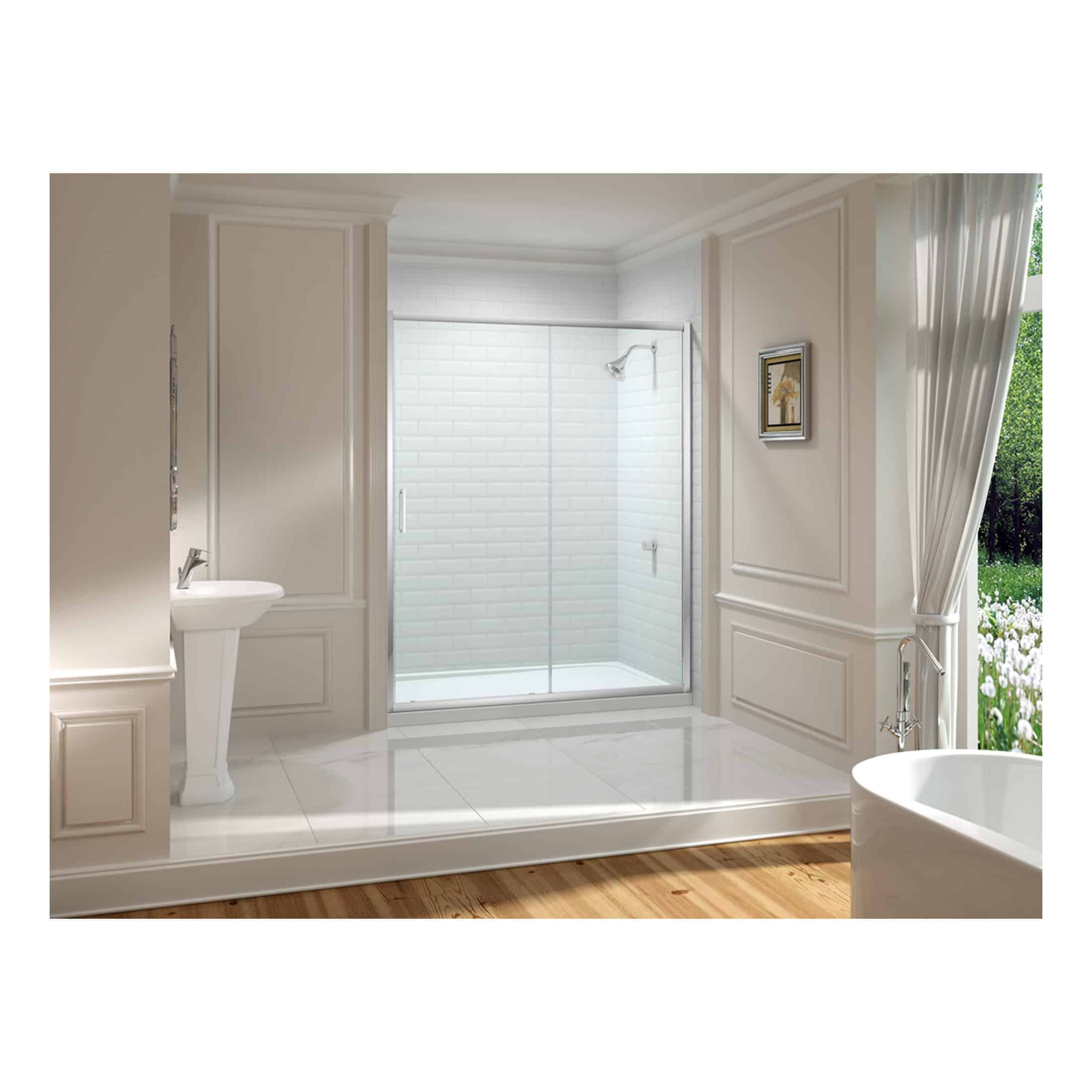 Bright modern bathroom featuring a glass shower enclosure, elegant white fixtures, and classic wall paneling, complemented by natural light and scenic garden view for a luxurious bathroom design.