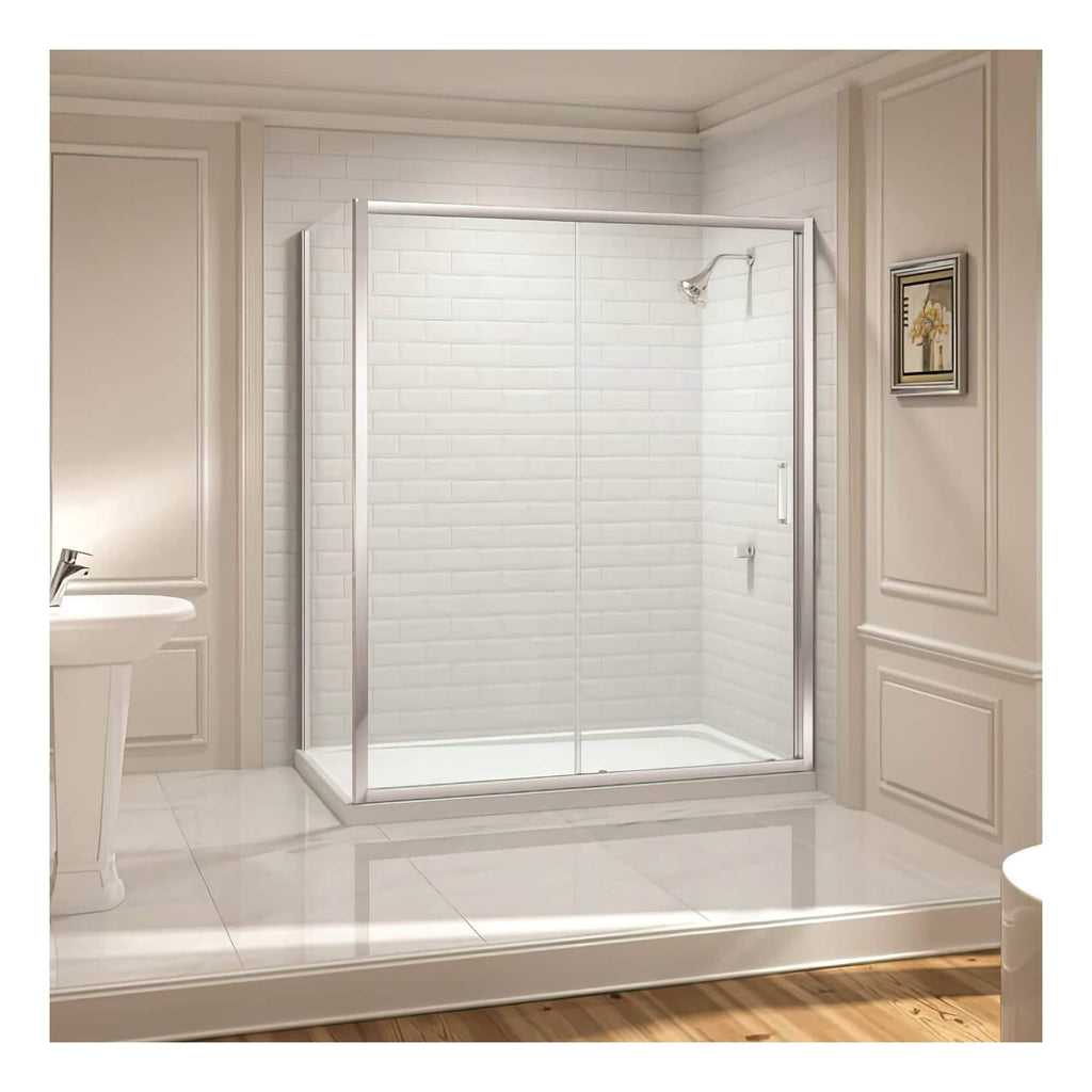 Modern white walk-in shower enclosure with sliding glass doors and minimalist chrome frame, ideal for contemporary bathroom interiors.