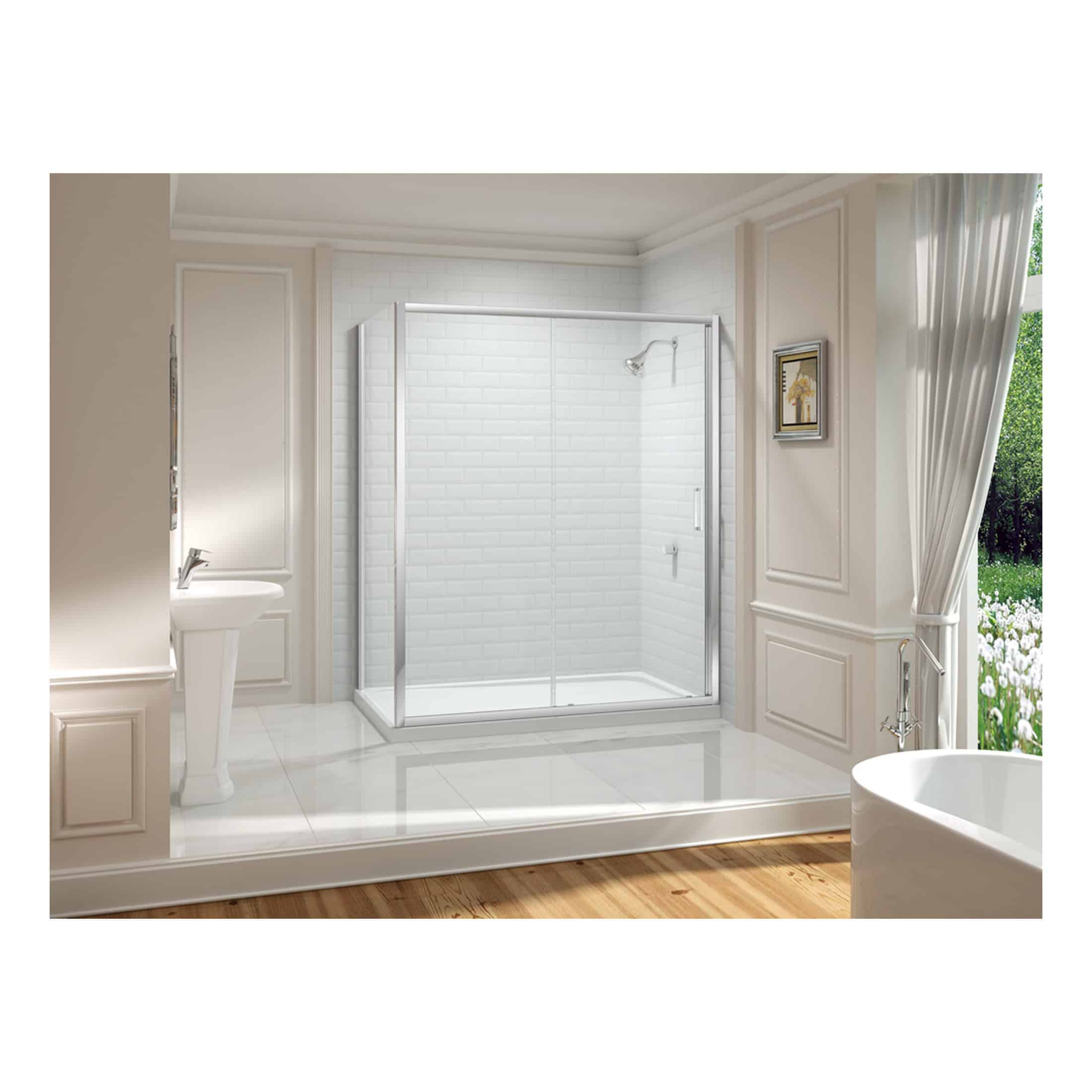 Bright white walk-in shower with a glass enclosure in a modern bathroom featuring elegant panelled walls and a large window with flowing curtains.