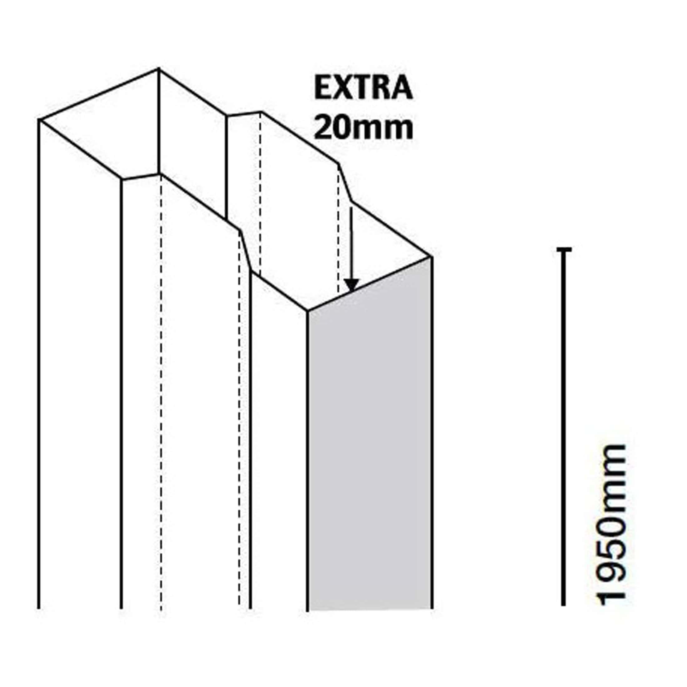 Upvc door frame diagram showing dimensions, including extra 20mm width, height of 1950mm, and detailed measurements for proper installation.