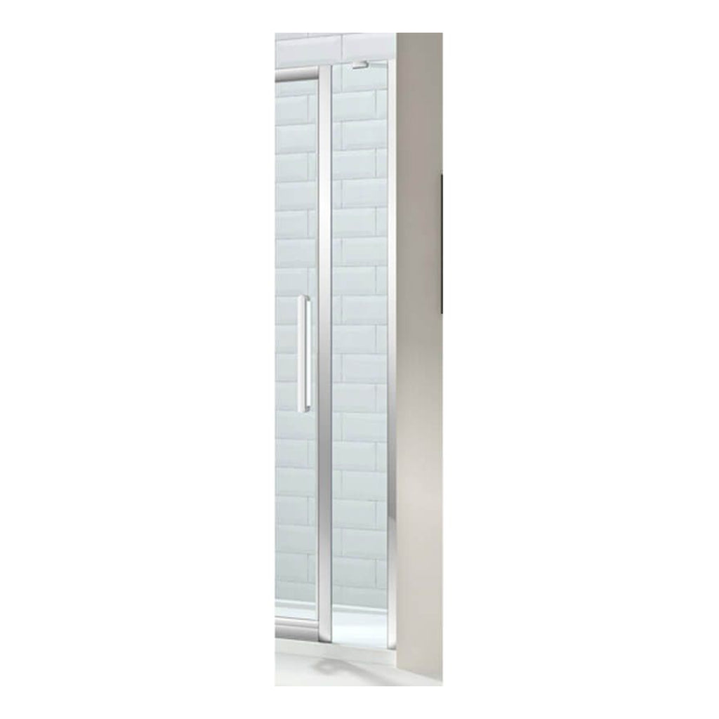 Sleek glass shower enclosure with chrome hardware, modern design ideal for contemporary bathrooms. Features a sliding door and clear glass panels for a stylish, functional shower solution.