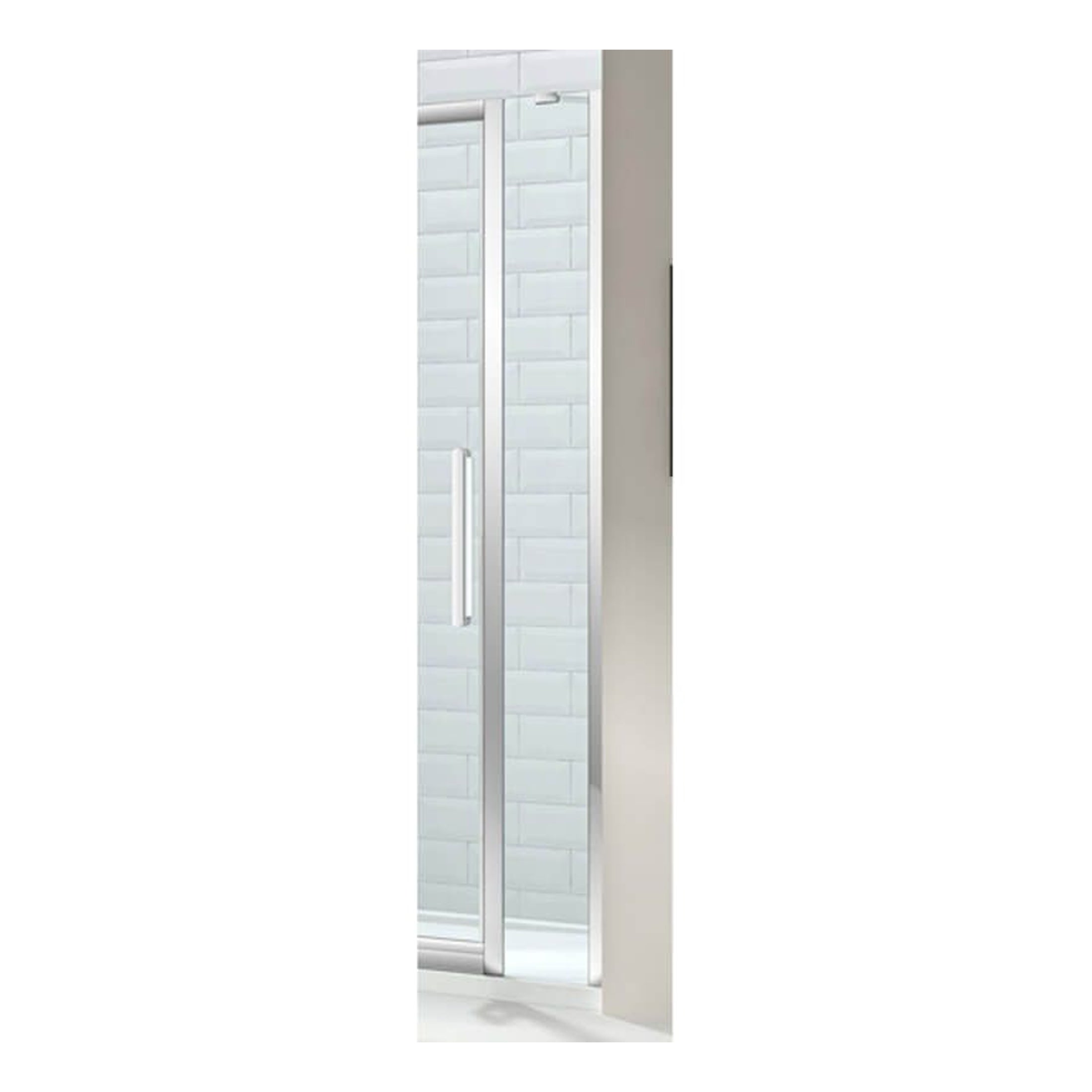 Sleek glass shower enclosure with chrome hardware, modern design ideal for contemporary bathrooms. Features a sliding door and clear glass panels for a stylish, functional shower solution.