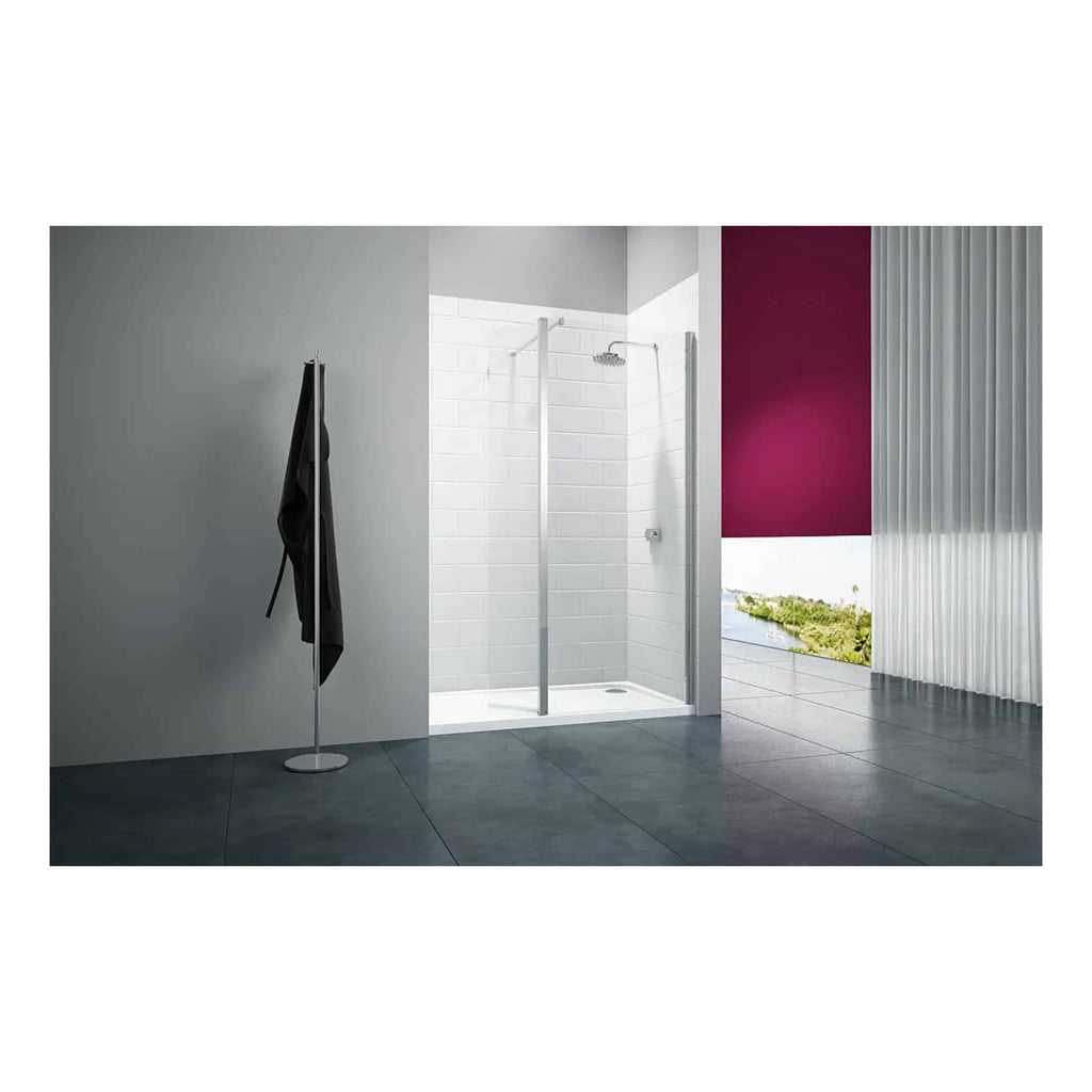 Modern walk-in shower with white tiled walls, grey flooring, and contemporary design, featuring a sleek glass enclosure and minimalist fixtures for a stylish bathroom upgrade.
