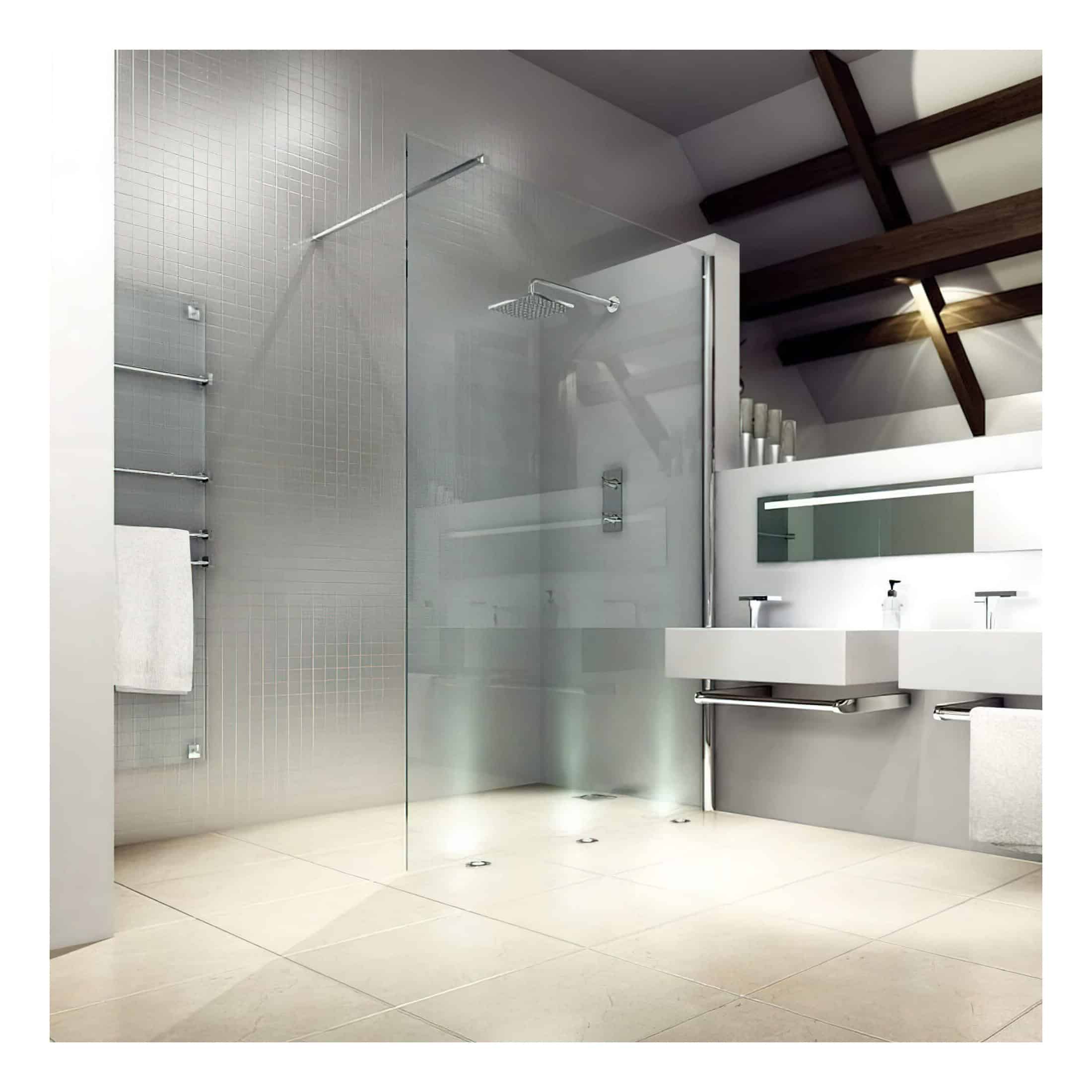 Modern minimalist walk-in shower with frosted glass door and double sinks in contemporary bathroom decor, featuring neutral tones and sleek fixtures, ideal for luxury bathroom renovation.