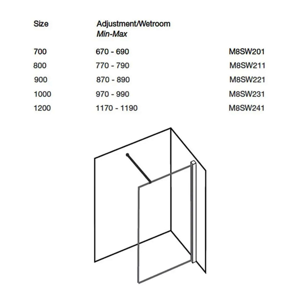 Doorless shower enclosure with adjustable wetroom door, modern bathroom design for accessible and stylish showering. Ideal for contemporary bathrooms, enhancing space and functionality.