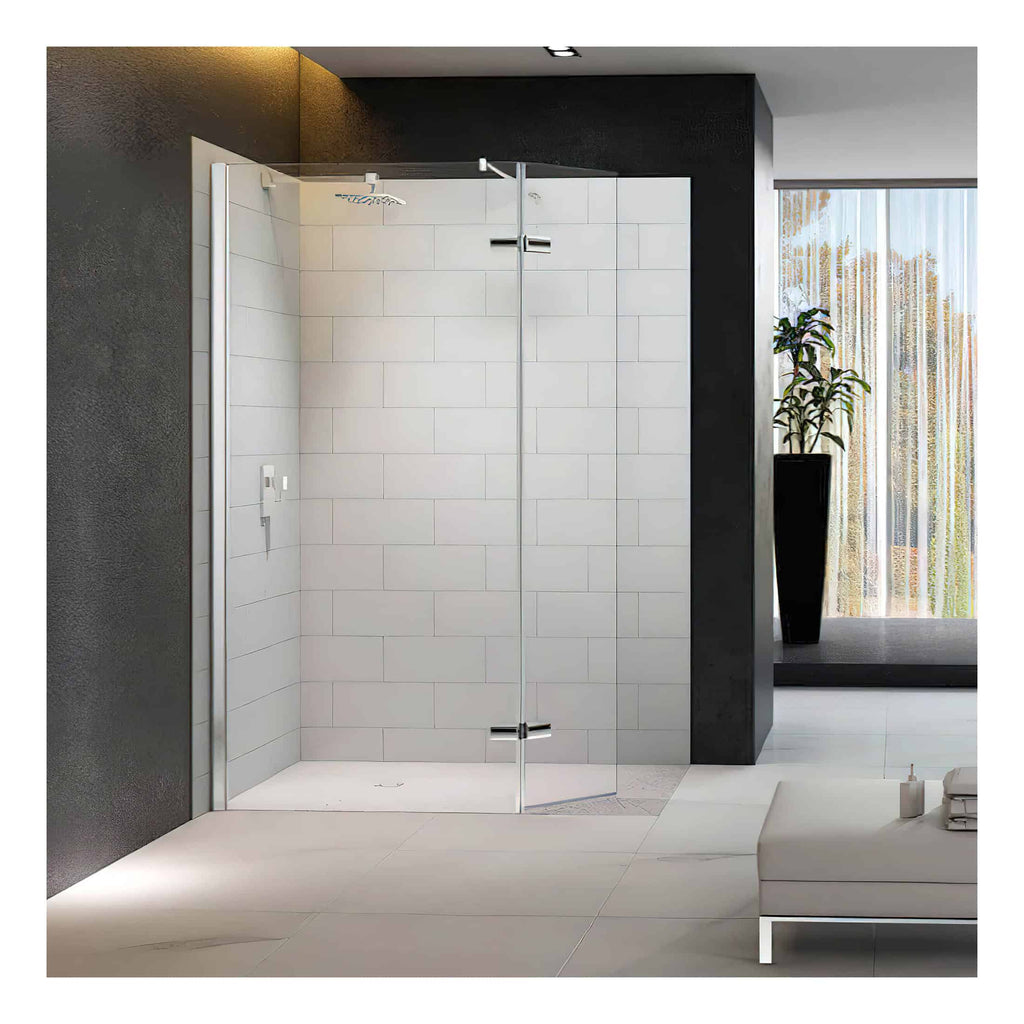 Sleek modern shower enclosure with clear glass doors, white tiled interior, and minimalist design in a contemporary bathroom setting. Perfect for stylish and functional bathroom upgrades.