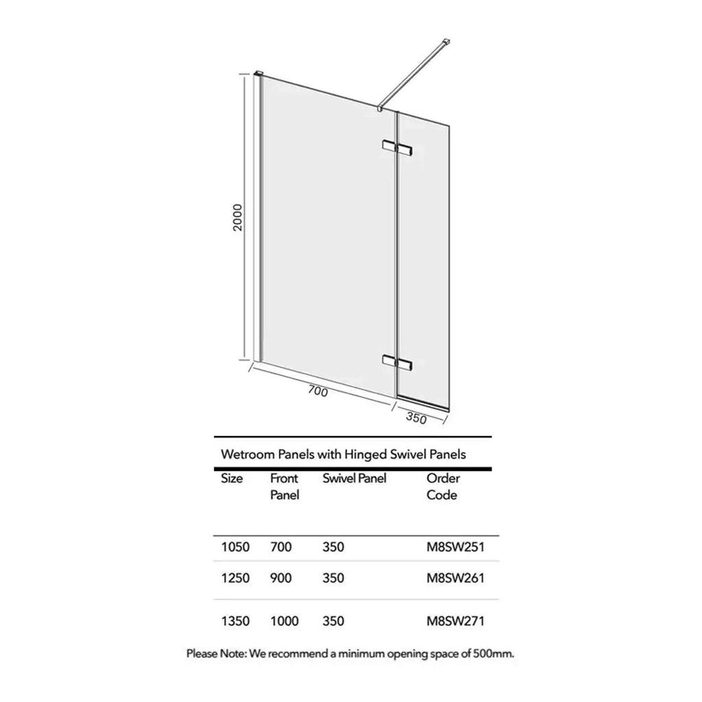 High-quality wetroom panels with hinged swivel panels, perfect for modern bathroom designs and efficient space usage. Customisable sizes available for seamless installation and waterproof durability.