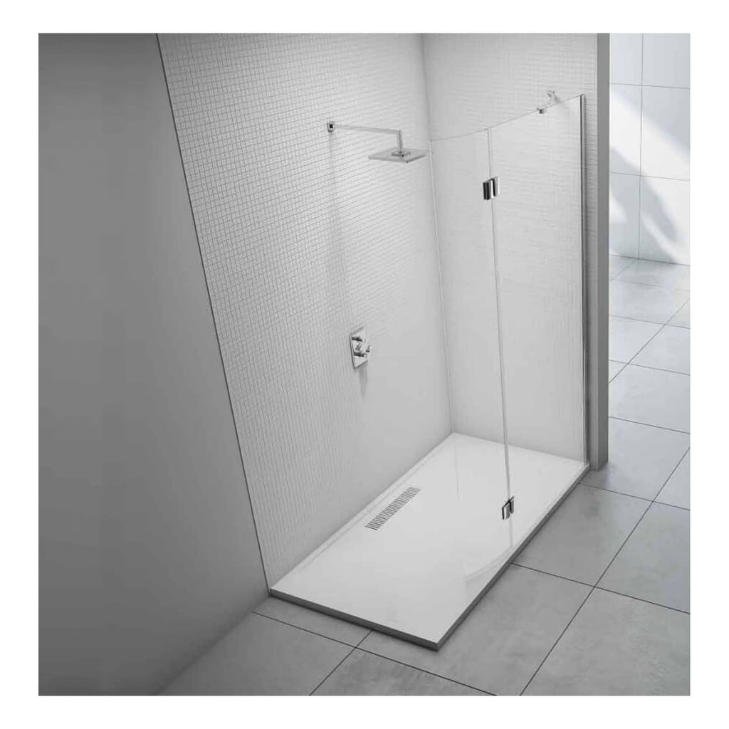 Modern walk-in shower with clear glass enclosure, chrome fixtures, and minimalist design from Bubly Bathrooms. Perfect for contemporary bathroom renovations and accessible shower solutions.