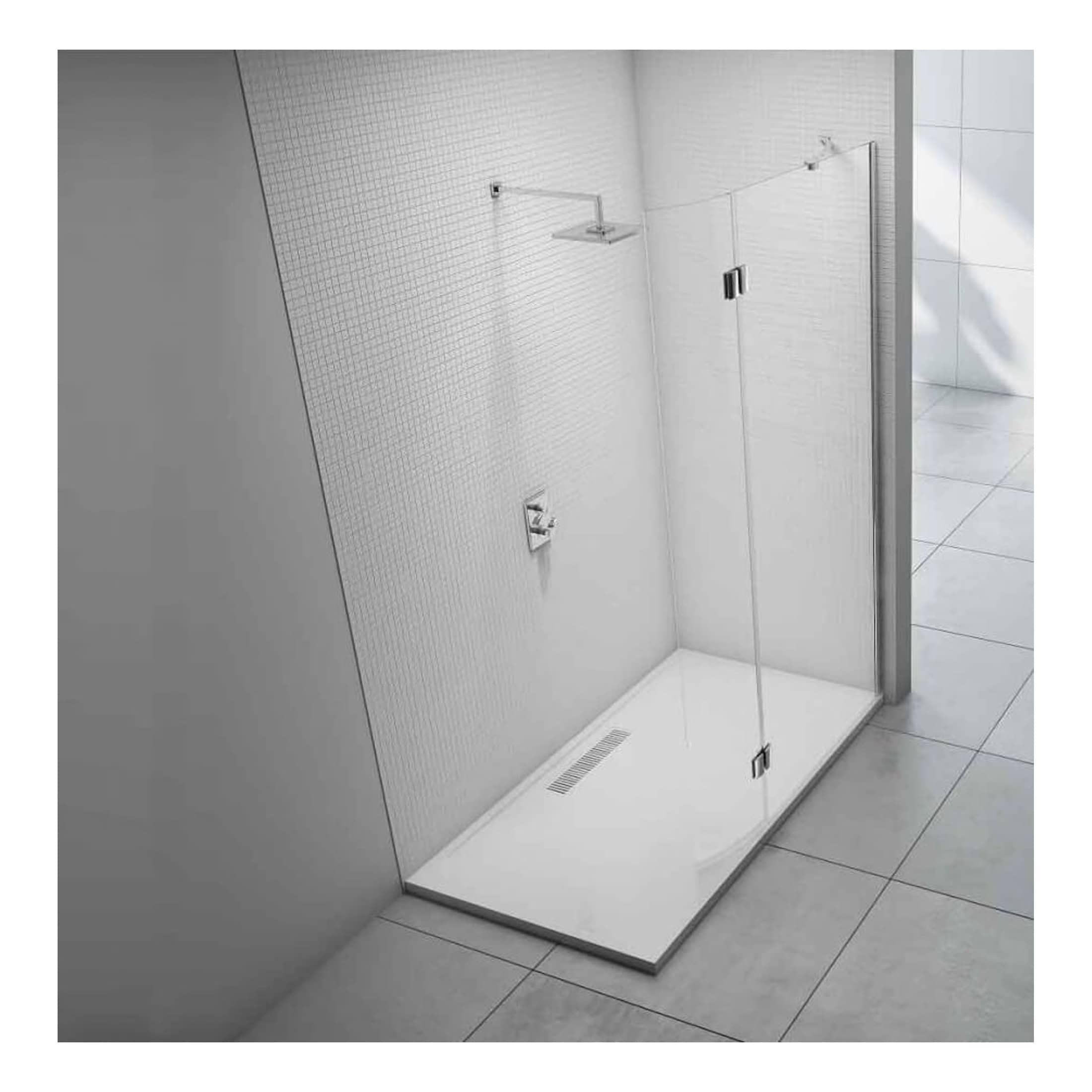 Modern walk-in shower with clear glass enclosure, chrome fixtures, and minimalist design from Bubly Bathrooms. Perfect for contemporary bathroom renovations and accessible shower solutions.