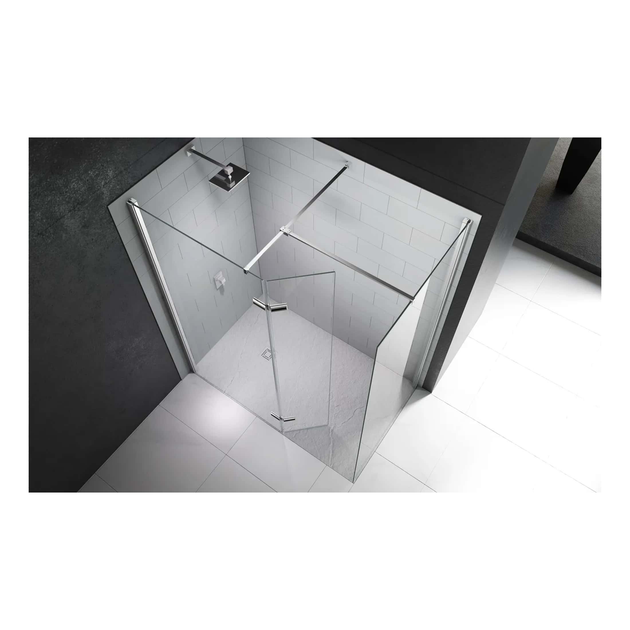 Modern glass shower enclosure with sleek chrome hardware in a contemporary bathroom setting.