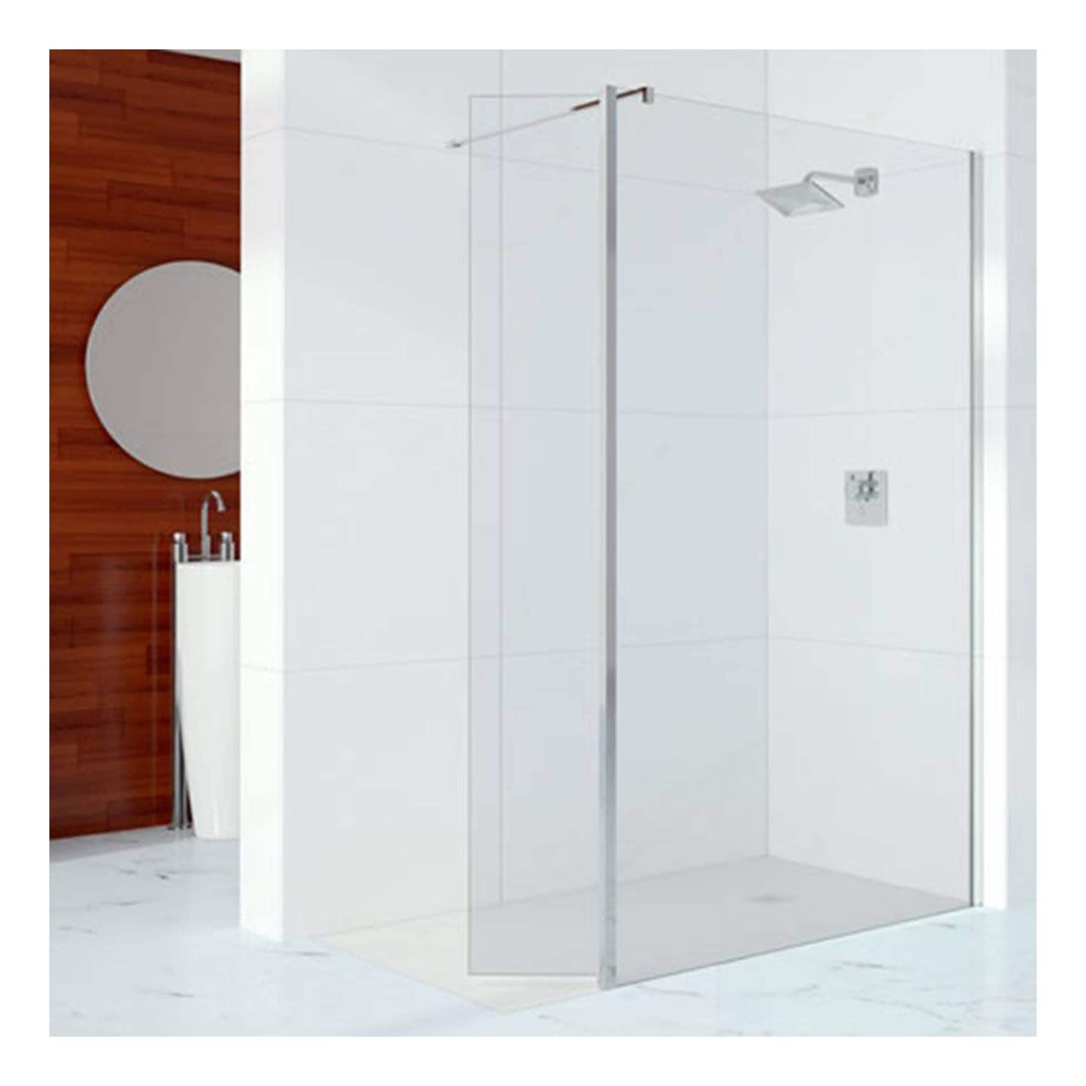 Shower enclosure with glass panels, modern bathroom design with white wall tiles, rainfall showerhead, and sleek fixtures, ideal for contemporary bathrooms.