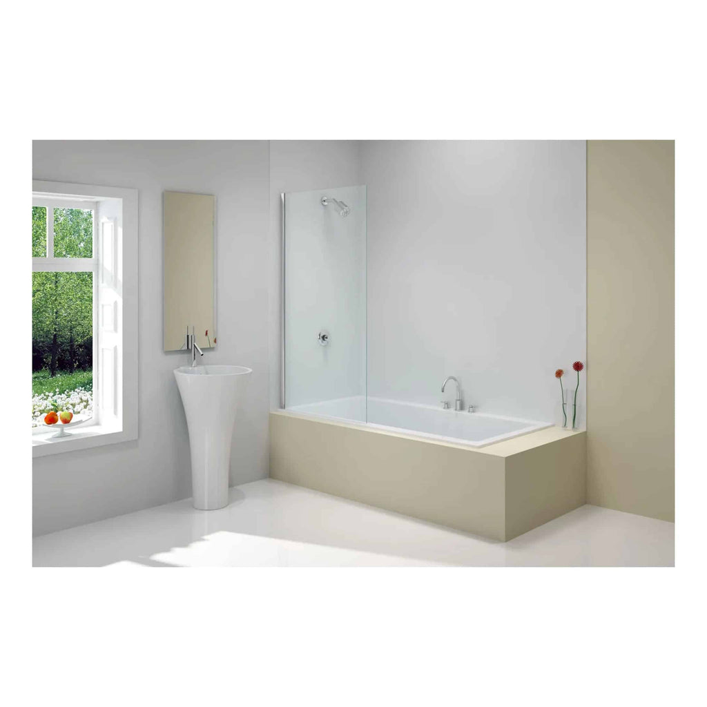 Modern minimalist bathroom with a white bathtub, pedestal sink, and glass shower screen, featuring a large window overlooking a green garden, perfect for contemporary home bathroom design.