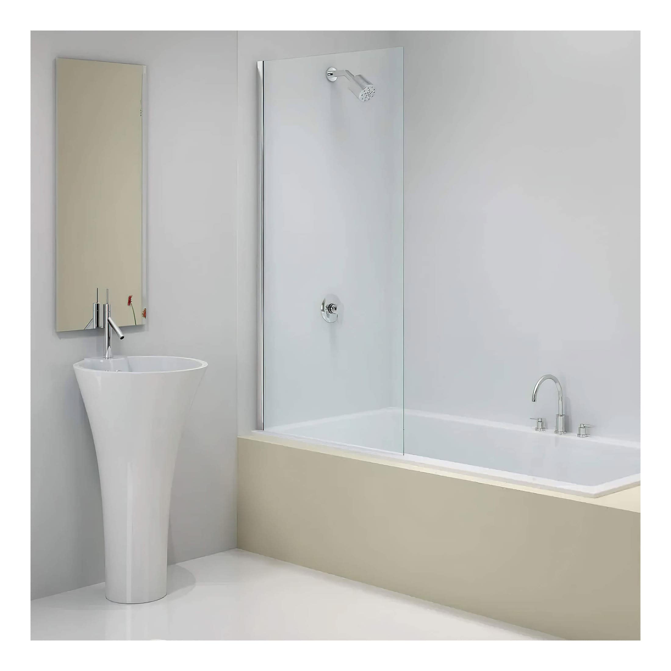Contemporary white freestanding bathroom sink with sleek chrome tap, adjacent to mood-enhancing mirror, and a clean bathtub with modern fixtures, creating a minimalist and stylish bathroom space.