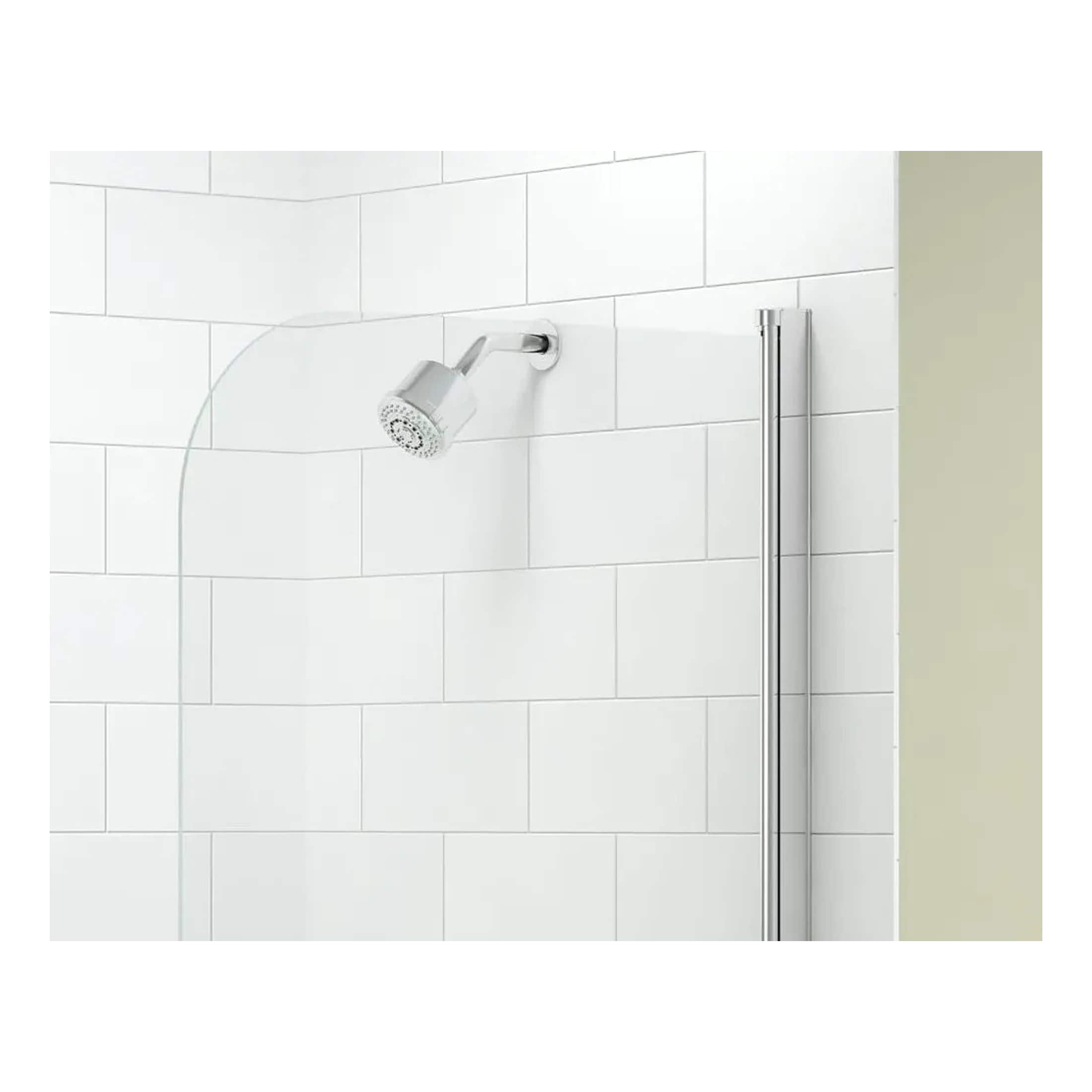 Shower with chrome shower head and glass divider in a modern white tiled bathroom bathroom, durable shower fixtures, contemporary bathroom design, Bubly Bathrooms UK.