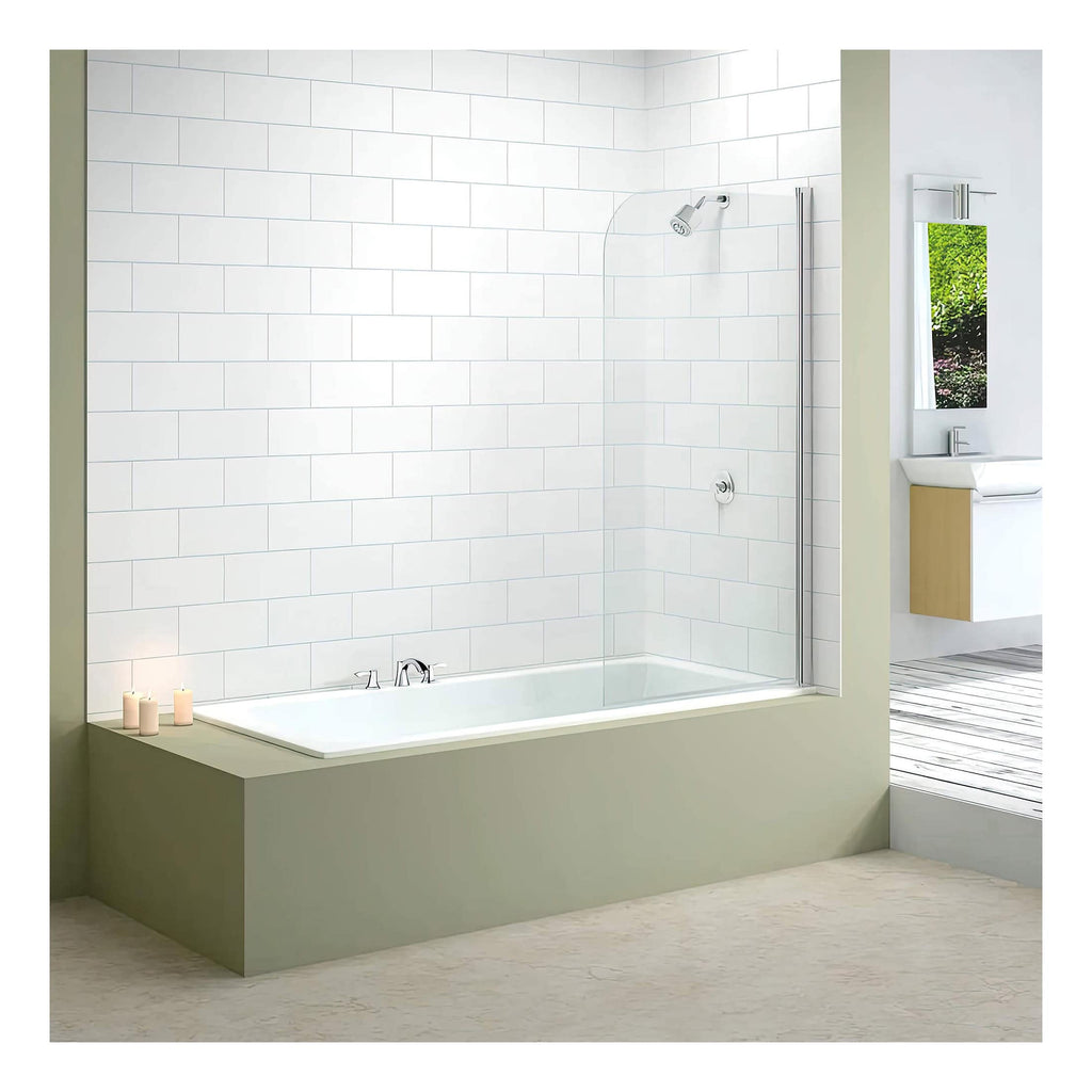 Modern bathroom with built-in bathtub, glass shower screen, white tiled wall, and minimalist fixtures, creating a clean and spacious bathing area.