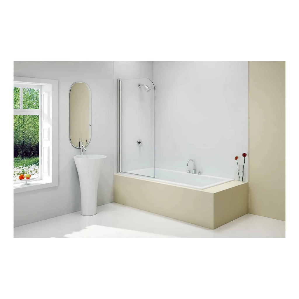 Modern white bathroom with a bathtub, shower screen, freestanding sink, and a large window with a scenic view – perfect for contemporary bathroom designs.