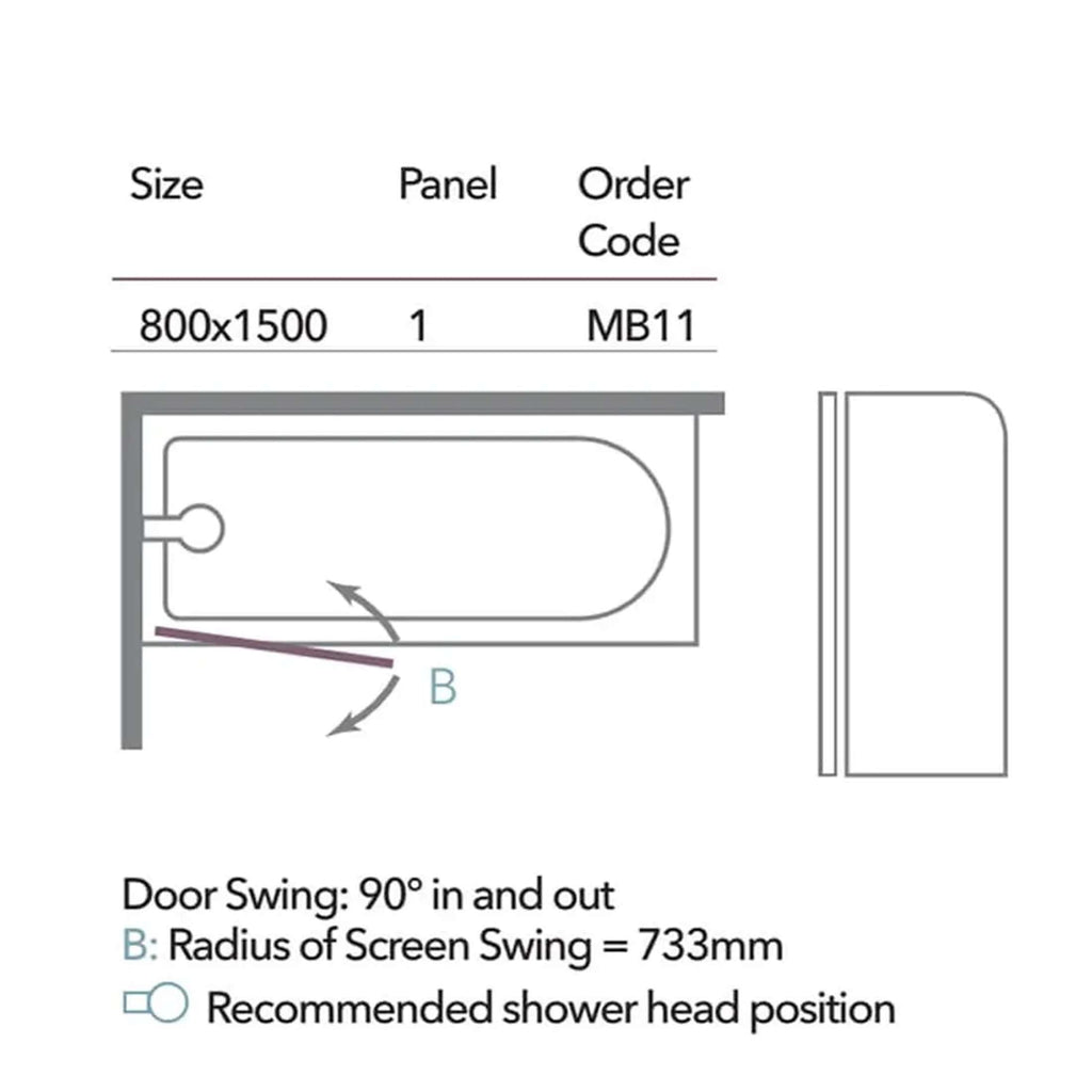 800x1500 shower screen diagram with detailed measurements and installation guidelines for modern bathroom renovation.