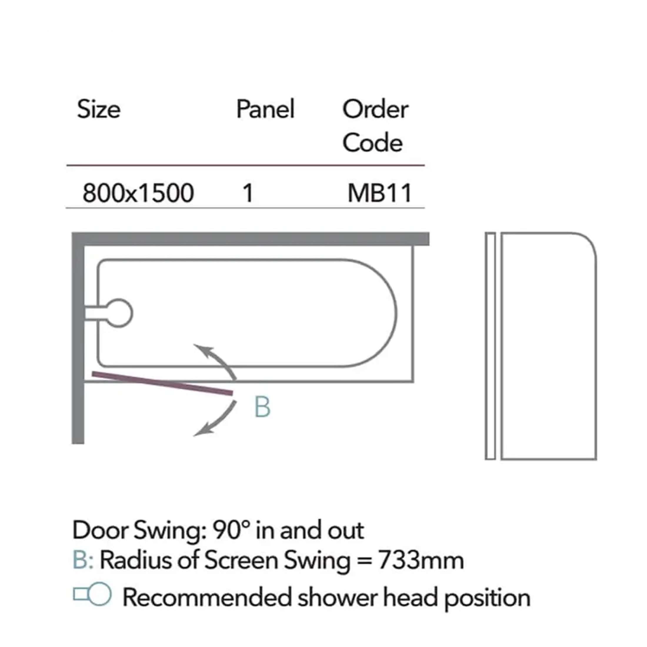 800x1500 shower screen diagram with detailed measurements and installation guidelines for modern bathroom renovation.