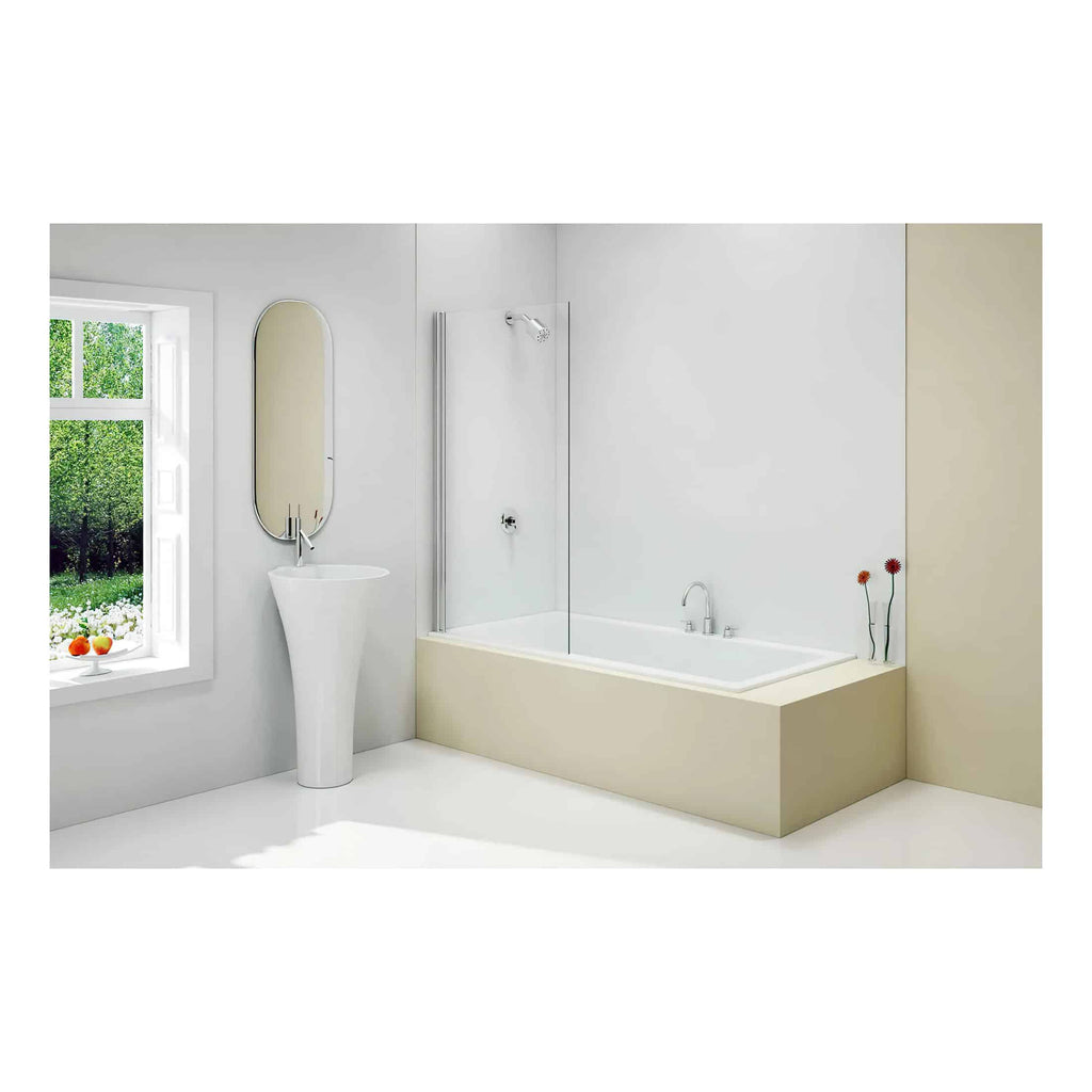 Modern minimalist bathroom featuring a white bathtub with a side flower decoration, a sleek freestanding sink, a tall oval mirror, and a window with a scenic garden view, creating a bright, clean, and serene space.