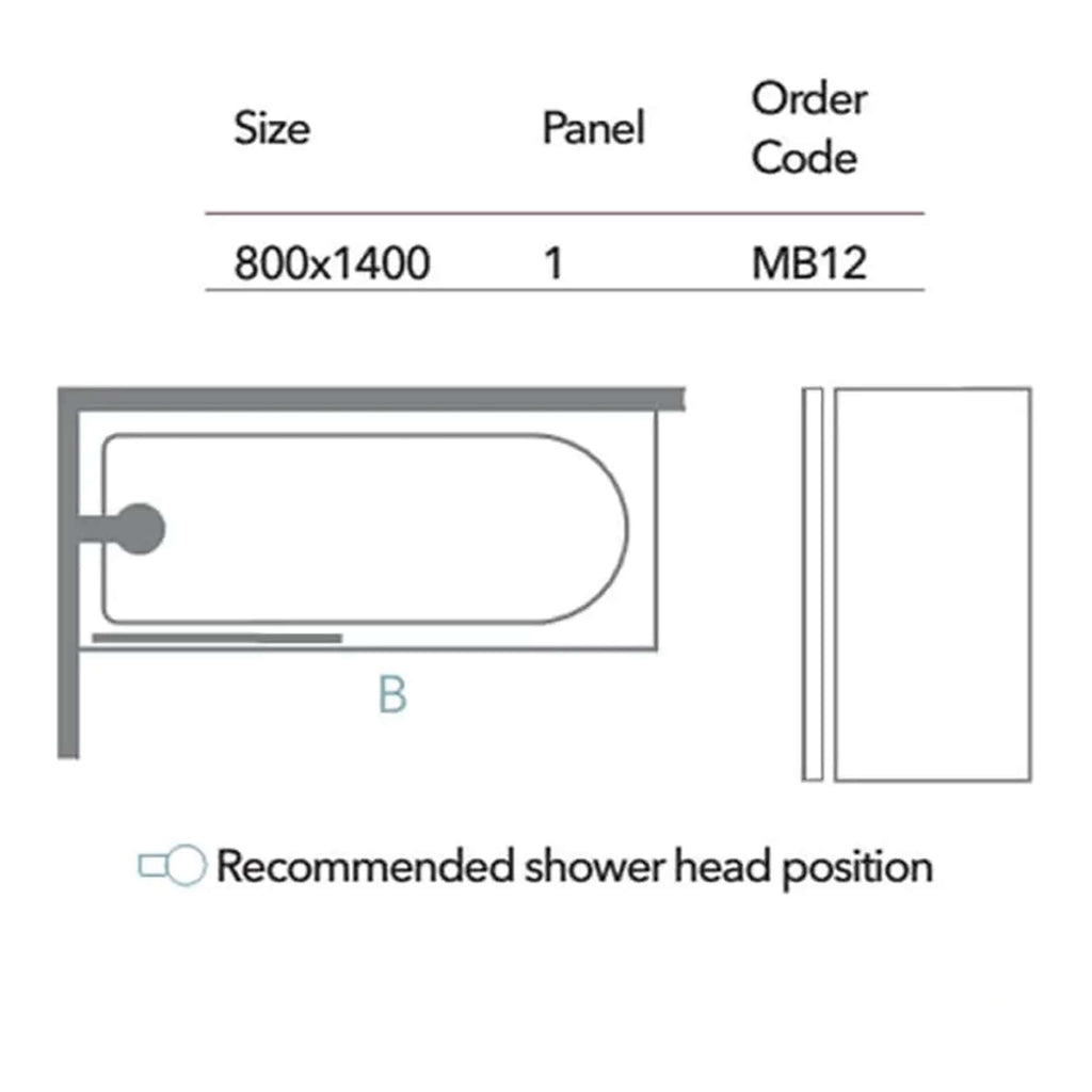 Elevated shower tray with a 800x1400mm size, designed for bathroom installation, featuring a modern minimalistic look and a recommended shower head position for optimal comfort and function.