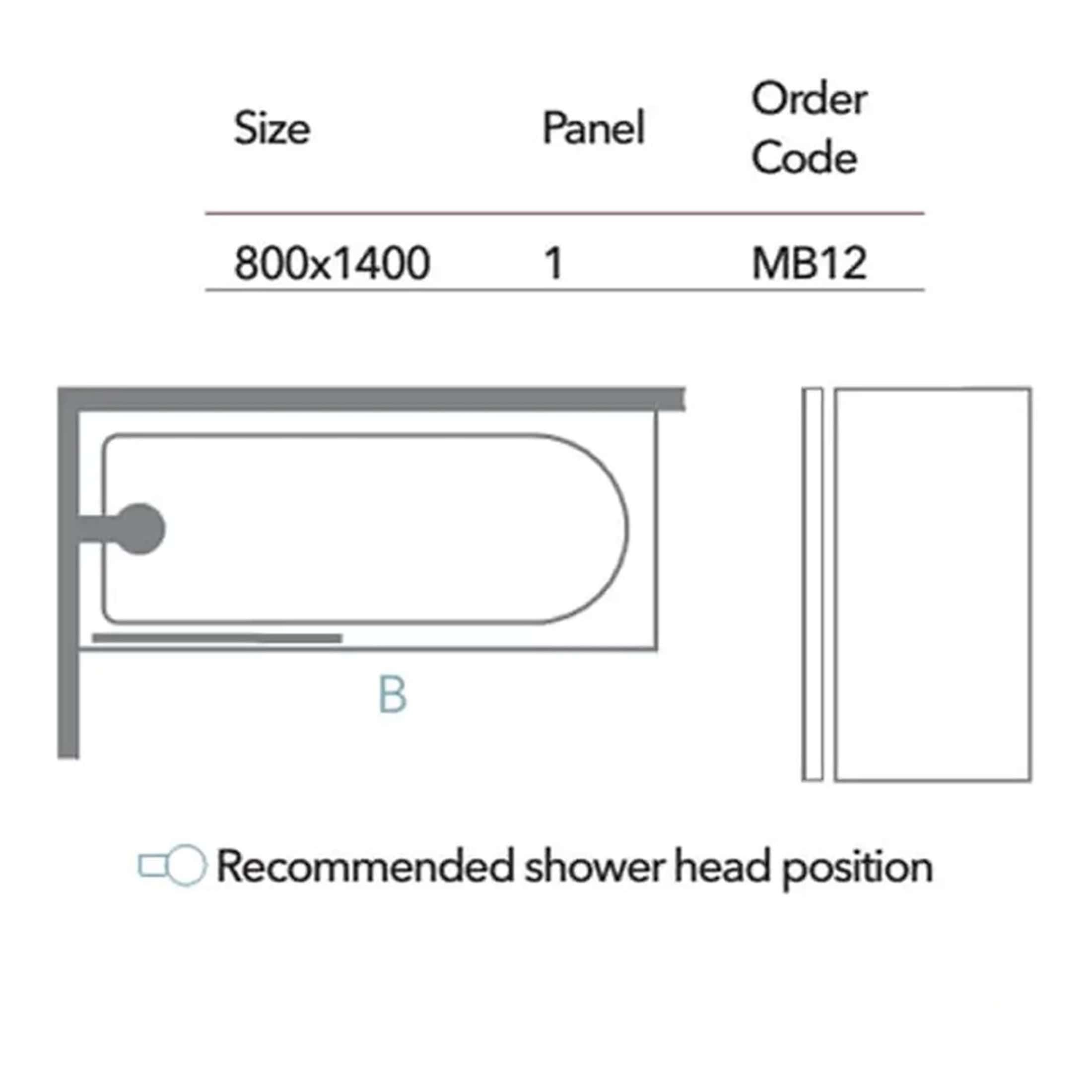 Elevated shower tray with a 800x1400mm size, designed for bathroom installation, featuring a modern minimalistic look and a recommended shower head position for optimal comfort and function.