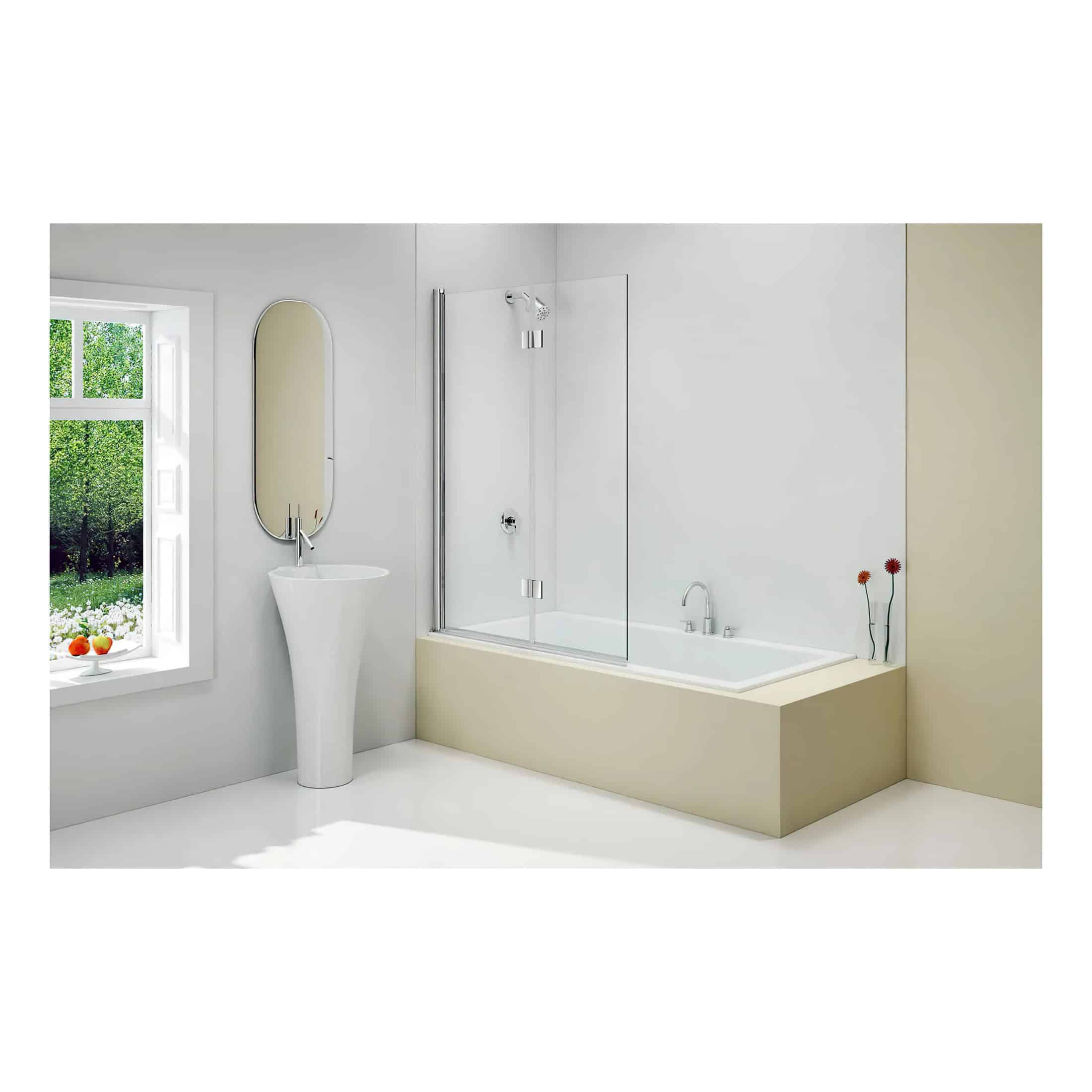 Contemporary white bathroom with a built-in bathtub, glass shower screen, oval mirror, pedestal sink, and large window with a scenic view, creating a bright and minimalist space.