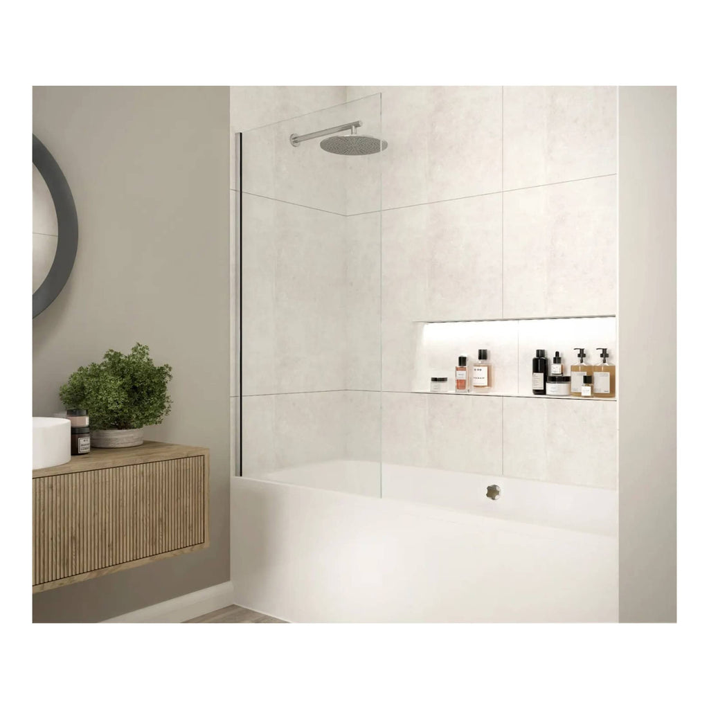 Sleek modern bathroom with a walk-in shower featuring a rainfall showerhead, minimalist design, neutral tones, and built-in storage for toiletries, creating a contemporary and functional space.