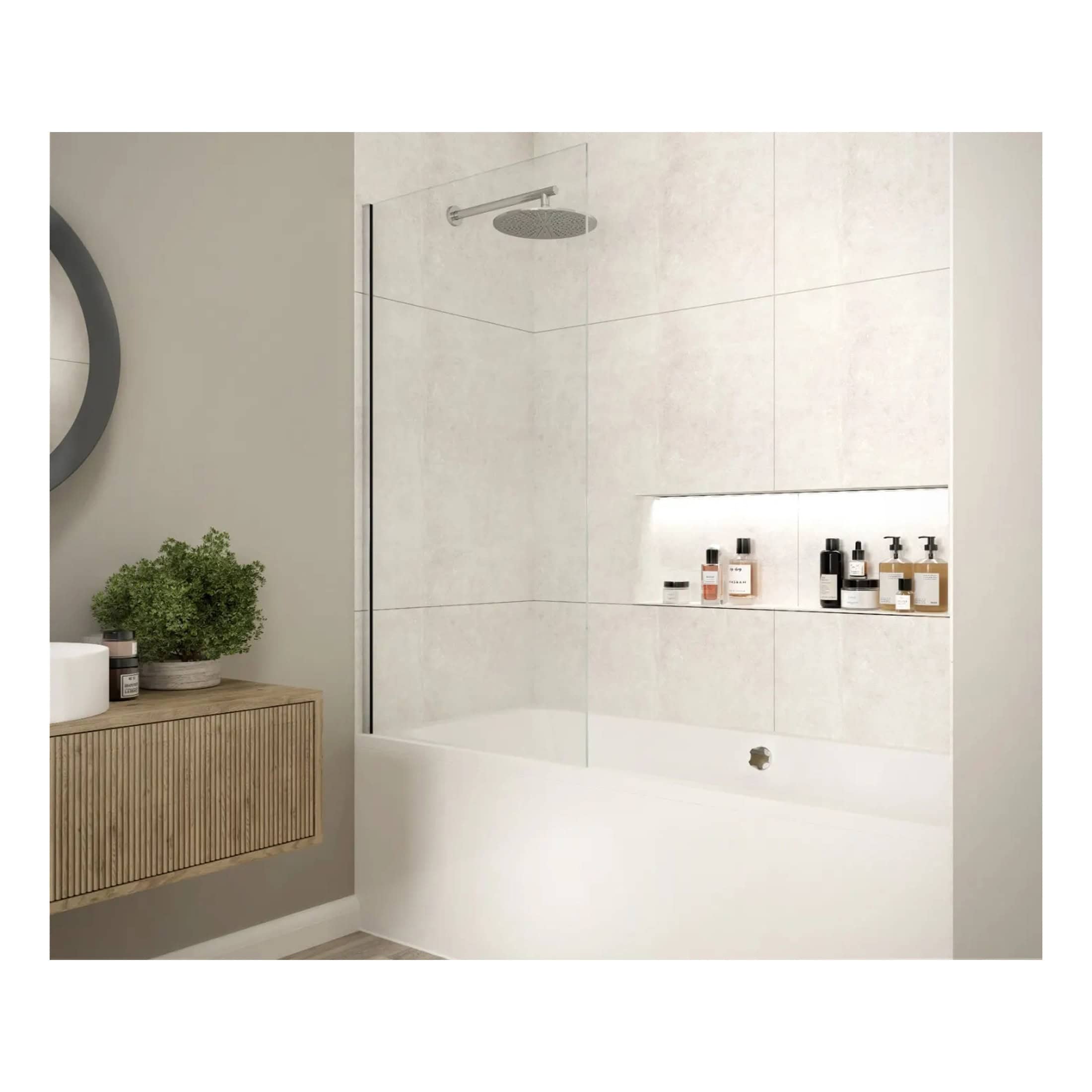 Sleek modern bathroom with a walk-in shower featuring a rainfall showerhead, minimalist design, neutral tones, and built-in storage for toiletries, creating a contemporary and functional space.