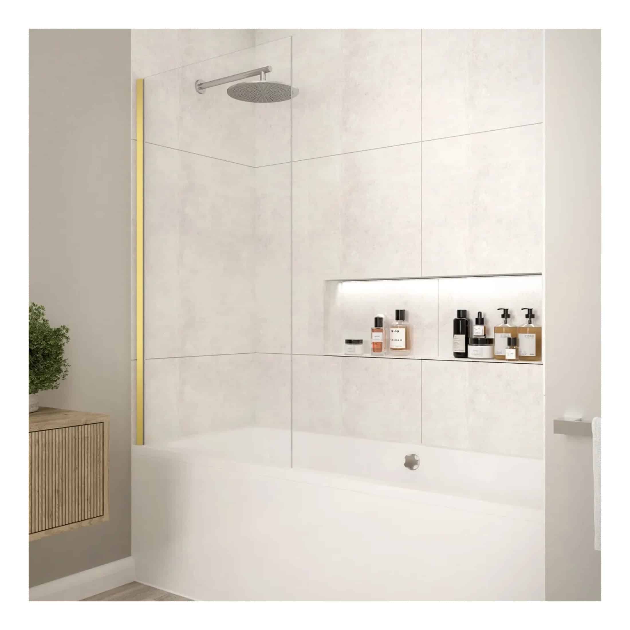 Minimalist walk-in shower with a built-in niche for toiletries, featuring sleek white tiles, modern rainfall showerhead, and subtle lighting, creating a spacious and contemporary bathroom ambiance.