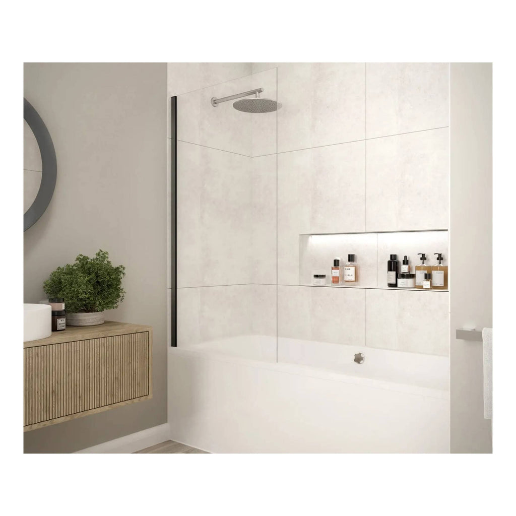Clean modern bathroom with a walk-in shower featuring a sleek rainfall showerhead, built-in shelf with toiletries, and minimalist vanity with greenery, showcasing contemporary bathroom design.