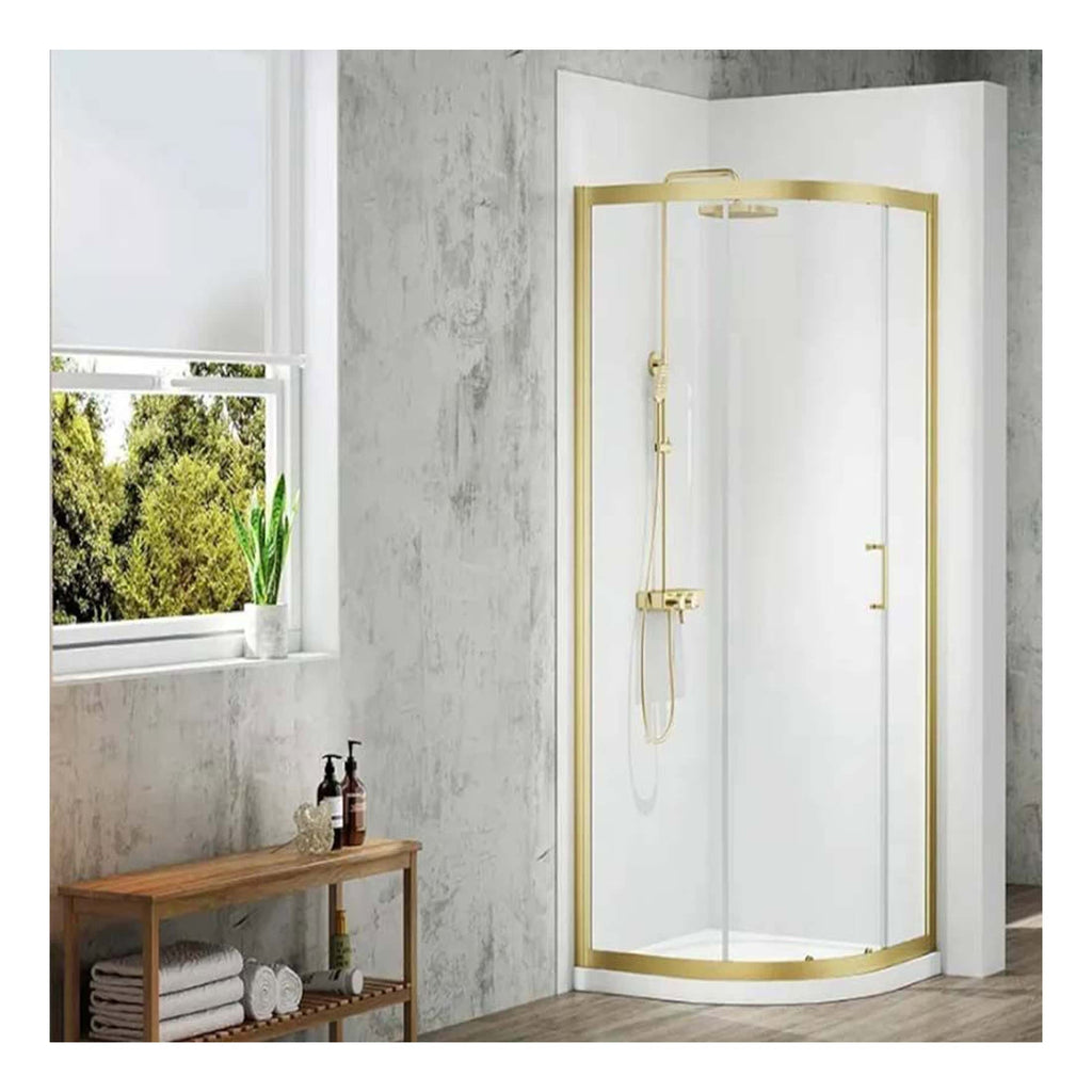 Shower enclosure with a gold trim in a modern bathroom featuring a concrete wall, with a window and a wooden towel rack. Perfect for contemporary shower room design.