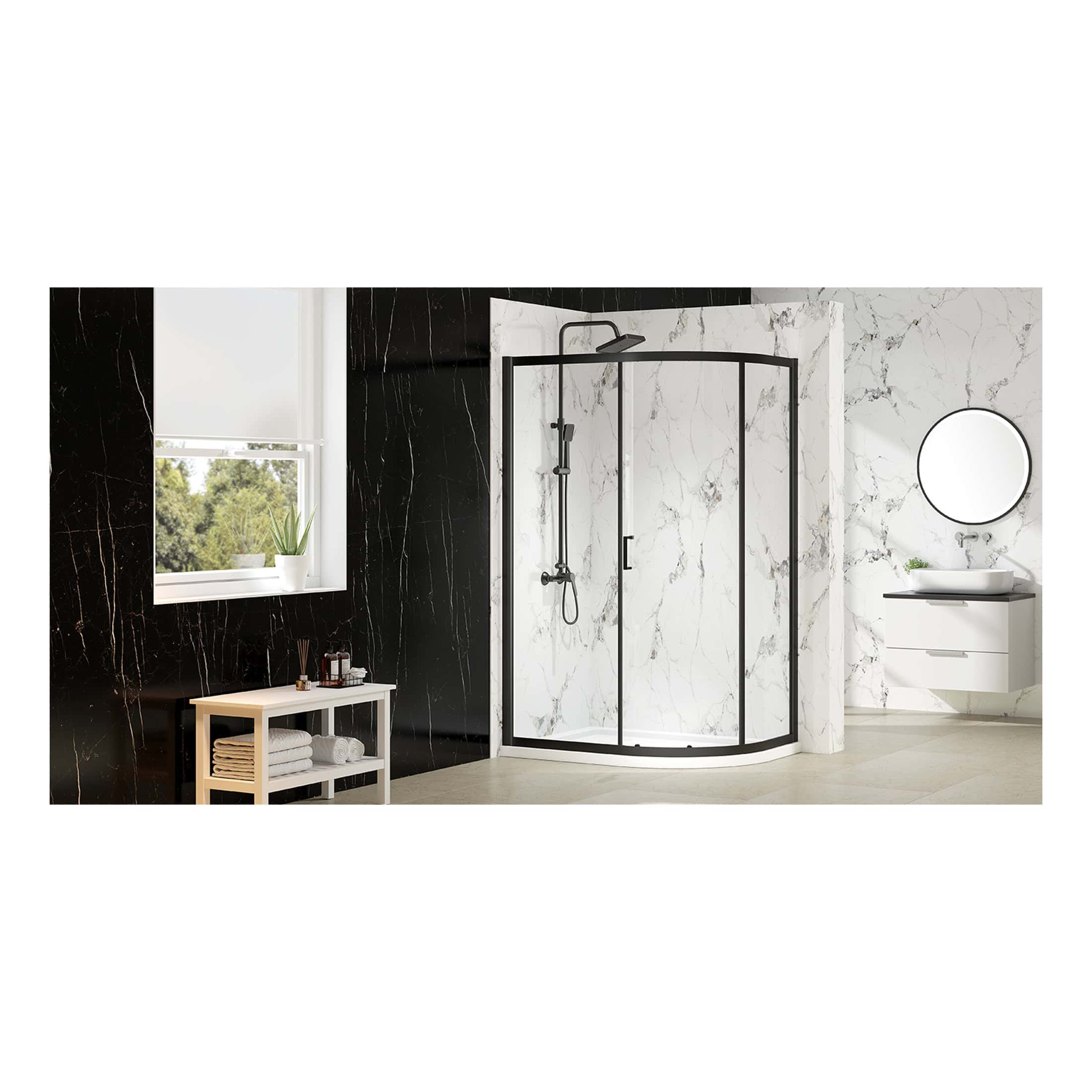 Modern corner shower enclosure with black trim and white marble walls, set in contemporary bathroom with vanity and round mirror, ideal for stylish bathroom renovation or upgrade.