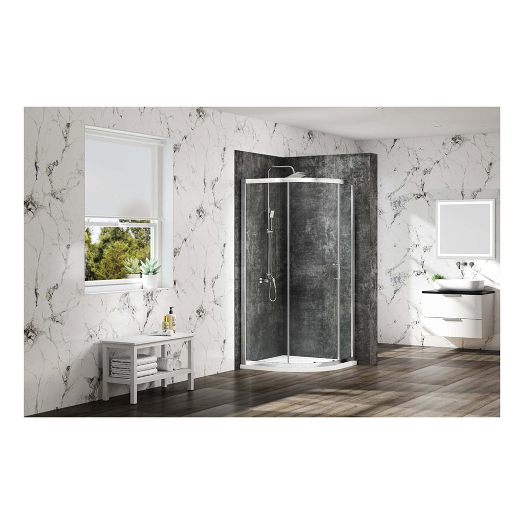 Sleek modern bathroom with a corner glass shower enclosure, marble-effect wall tiles, minimalist white vanity with a mirror, and wooden flooring, designed for contemporary comfort and style.