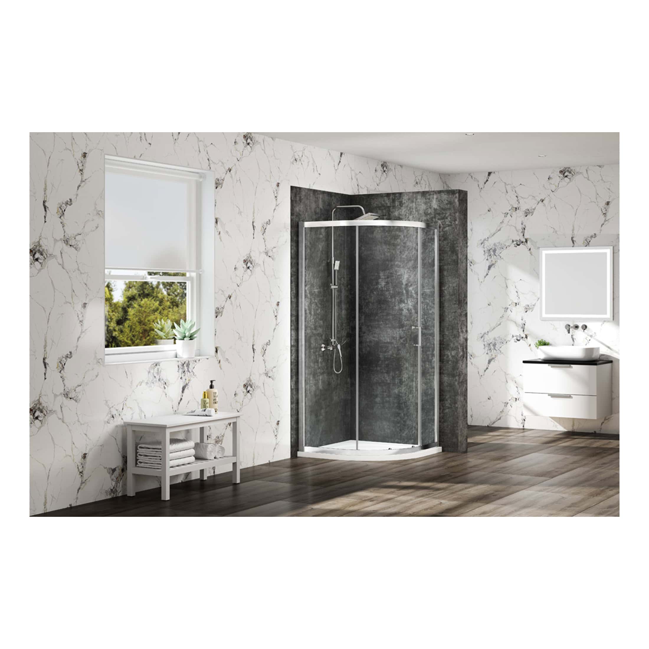 Sleek modern bathroom with a corner glass shower enclosure, marble-effect wall tiles, minimalist white vanity with a mirror, and wooden flooring, designed for contemporary comfort and style.