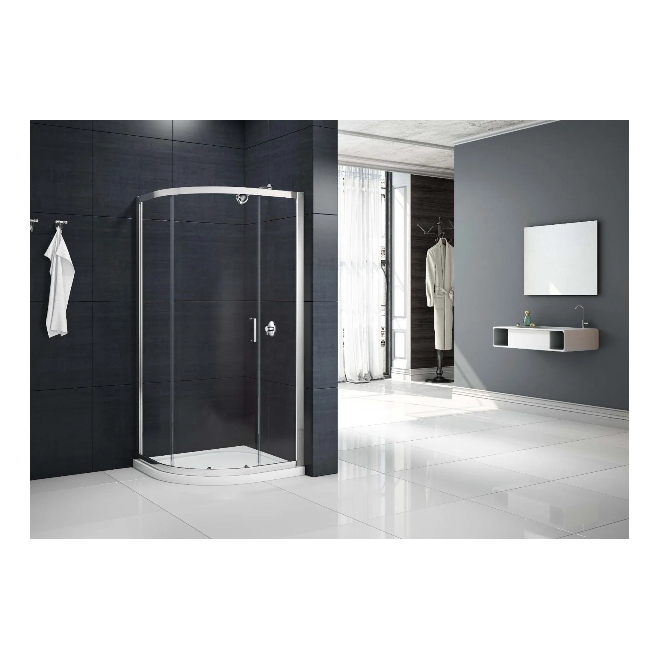 Modern corner shower enclosure with glass doors and chrome trim in a contemporary bathroom setting.