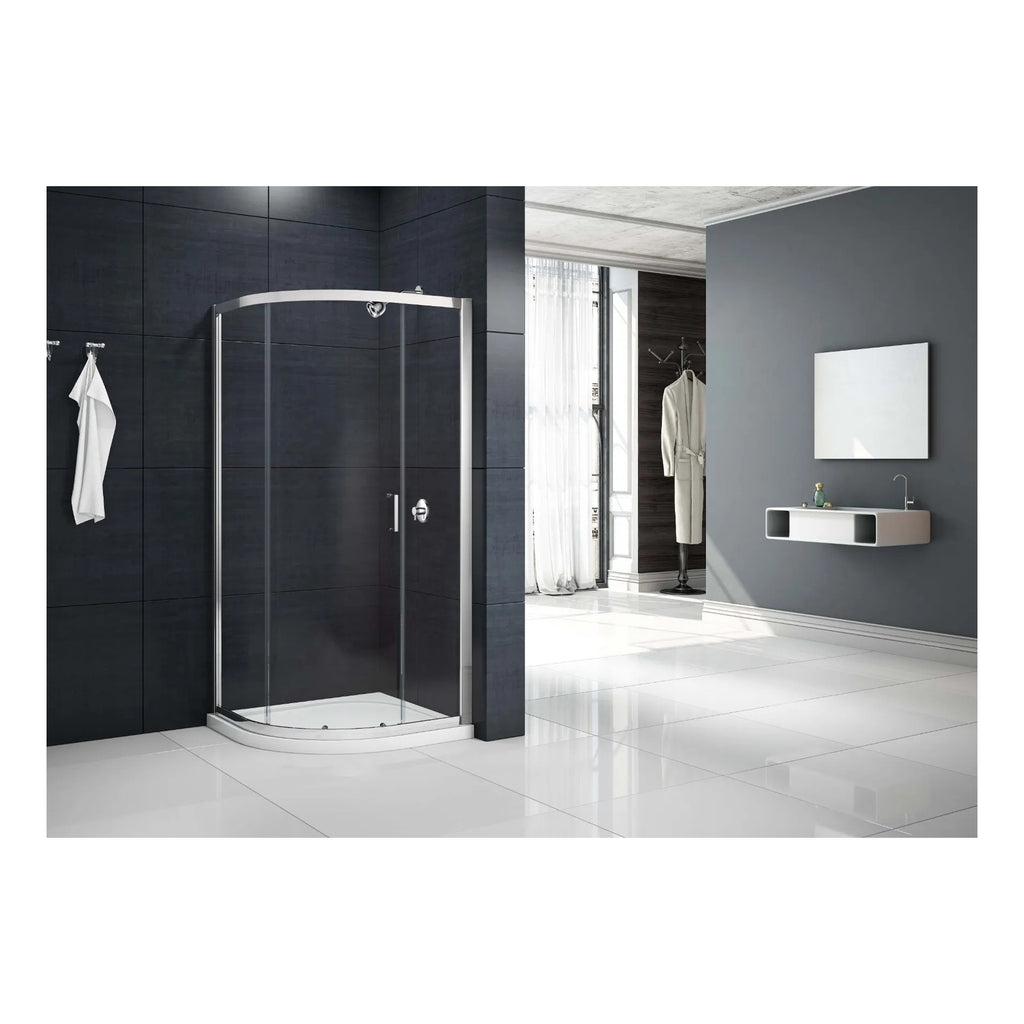 Modern corner shower enclosure with glass doors and chrome trim in a contemporary bathroom setting.
