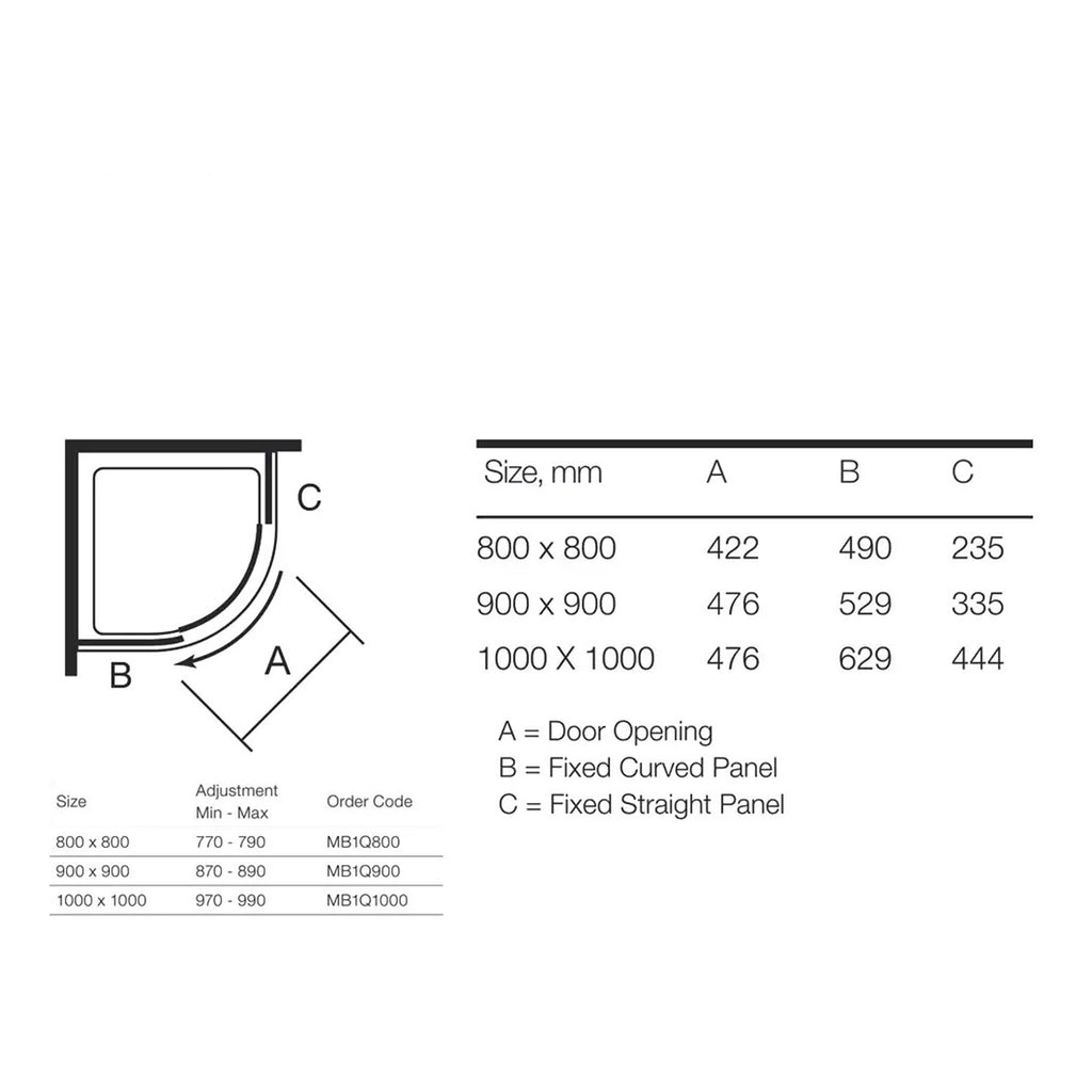 Light grey shower enclosure with curved glass panels, door opening 800mm, perfect for modern bathrooms. Includes detailed size specifications and installation diagram.