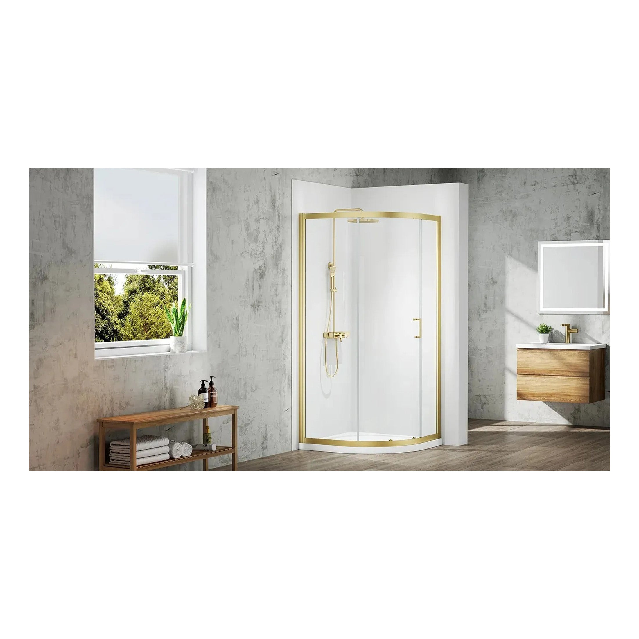 Shower enclosure with a stylish gold frame in a modern bathroom with minimalist decor, natural light, and wooden accents, ideal for contemporary bathroom upgrades.