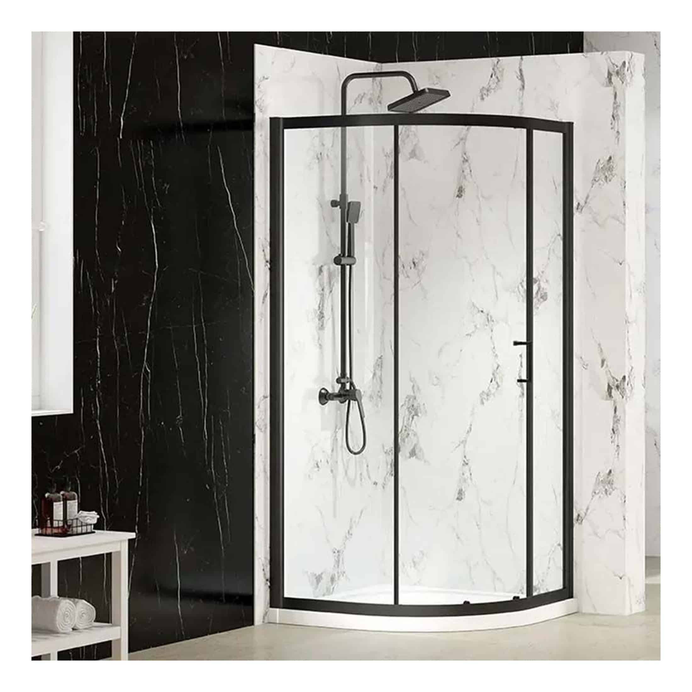 Modern black-framed corner shower enclosure with glass doors, featuring a rainfall showerhead and handheld shower, set in a contemporary bathroom with marble-effect wall tiles.